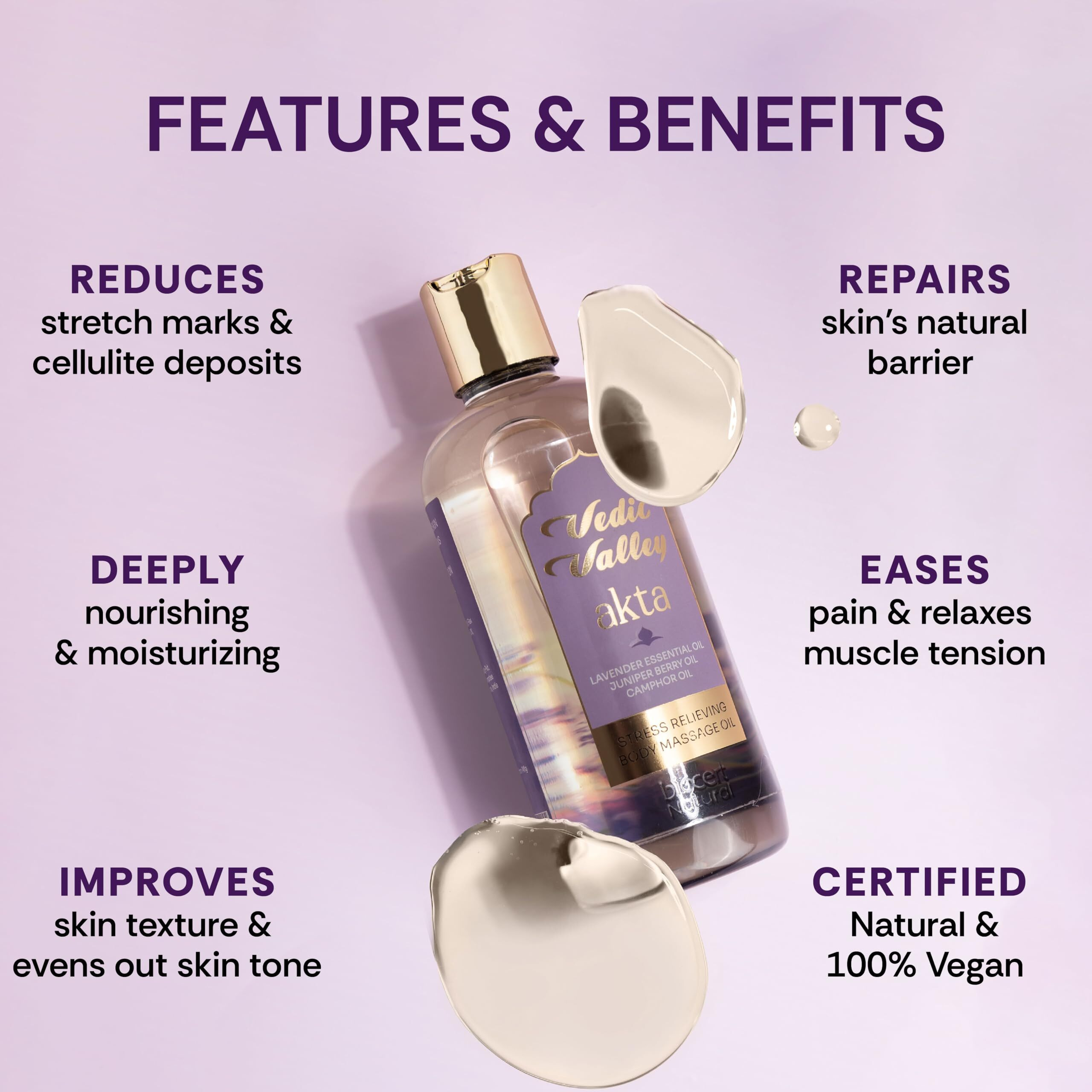 Vedic Valley 100% Natural Anti-Cellulite Lavender Massage Oil For Dry Skin, Deeply Nourishes & Moisturizes, Ayurvedic Oil That Reduces Stretch Marks, Muscle Pain, Relaxing For Men & Women - 300 Ml