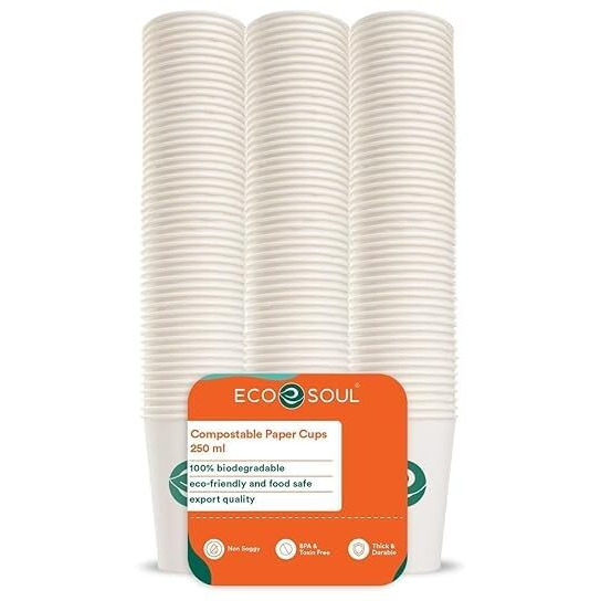 Eco Soul [250 Ml, 25 Count Disposable White Paper Cups| Plastic-Free Aqueous Coated | Eco-Friendly & Biodegradable Cups | Use & Throw Party Glasses | Ideal For Tea, Coffee & Water | 250 Gsm