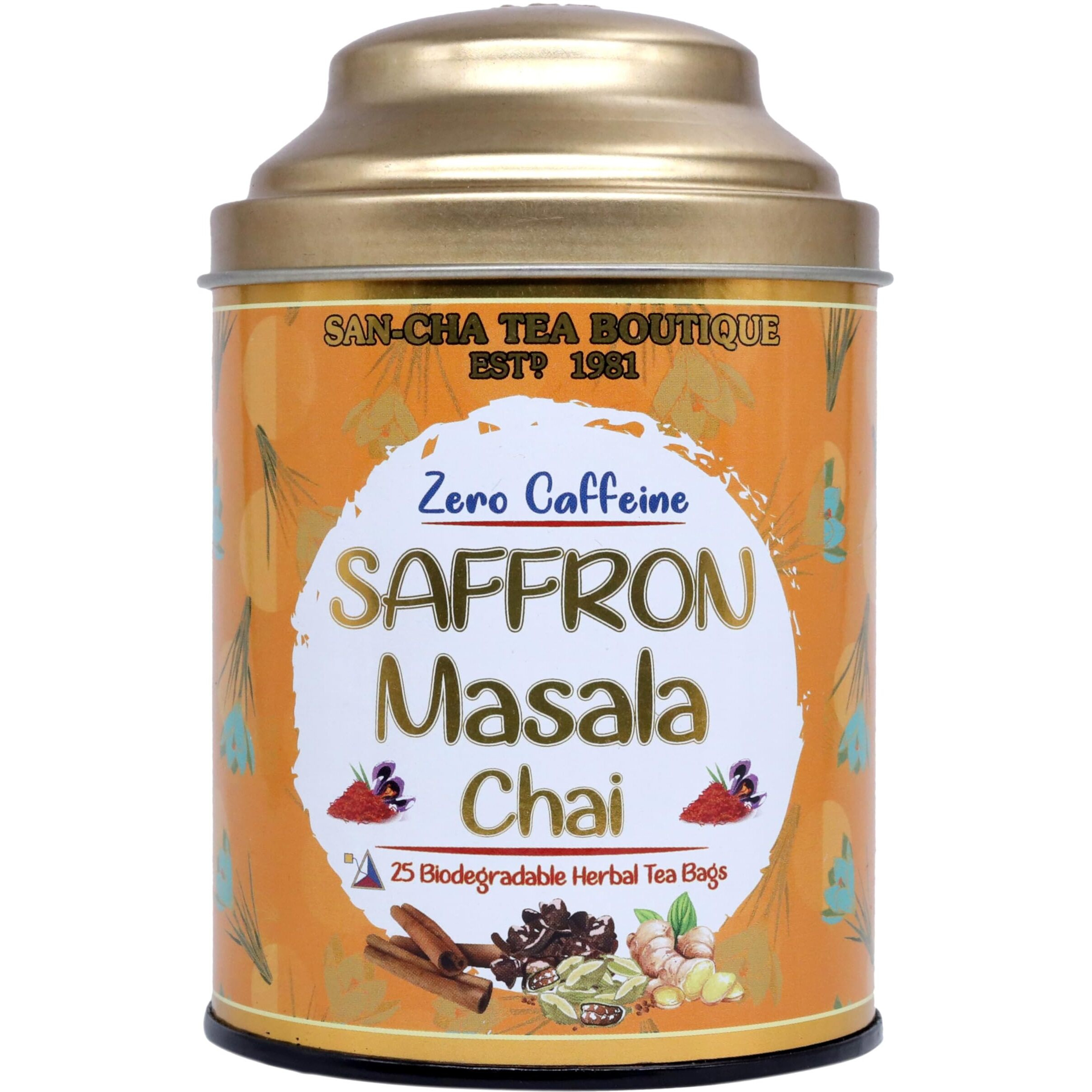 Sancha Tea Boutique, Saffron Masala Chai, Caffeine Free Herbal Tisane, 25 Pyramid Bags, Kesar Chai Without Caffeine, Real Kashmir Saffron Blend