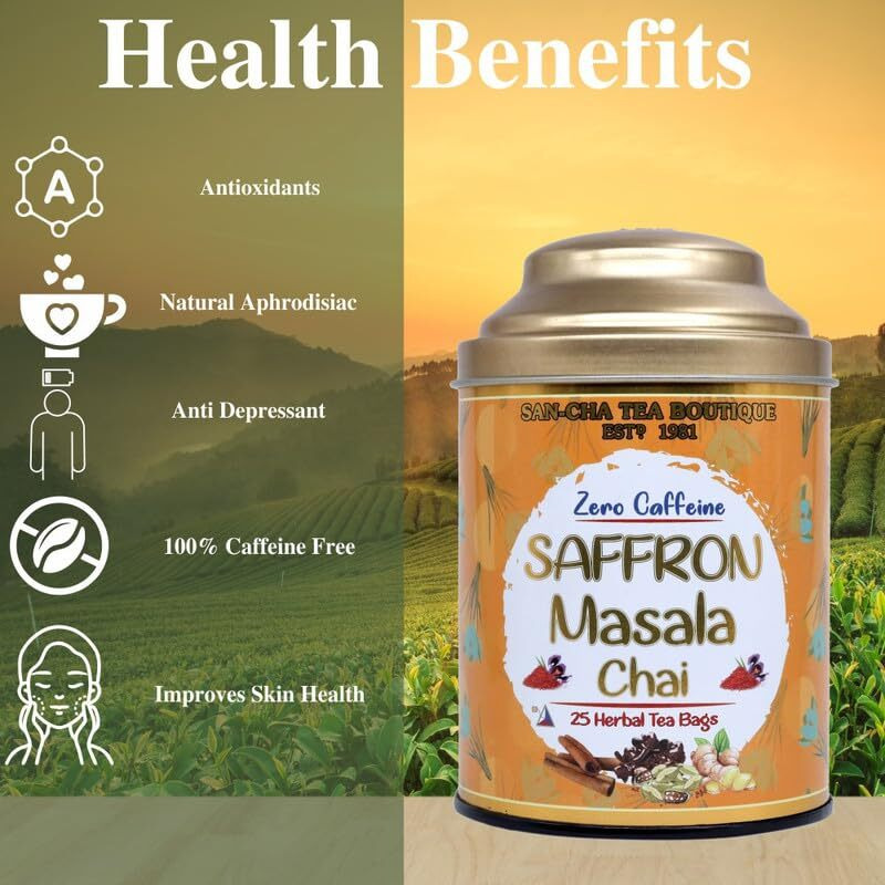 Sancha Tea Boutique, Saffron Masala Chai, Caffeine Free Herbal Tisane, 25 Pyramid Bags, Kesar Chai Without Caffeine, Real Kashmir Saffron Blend