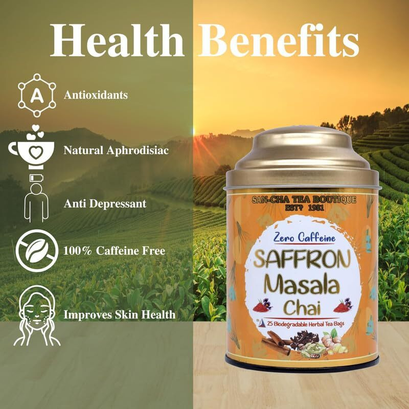 Sancha Tea Boutique, Saffron Masala Chai, Caffeine Free Herbal Tisane, 25 Pyramid Bags, Kesar Chai Without Caffeine, Real Kashmir Saffron Blend