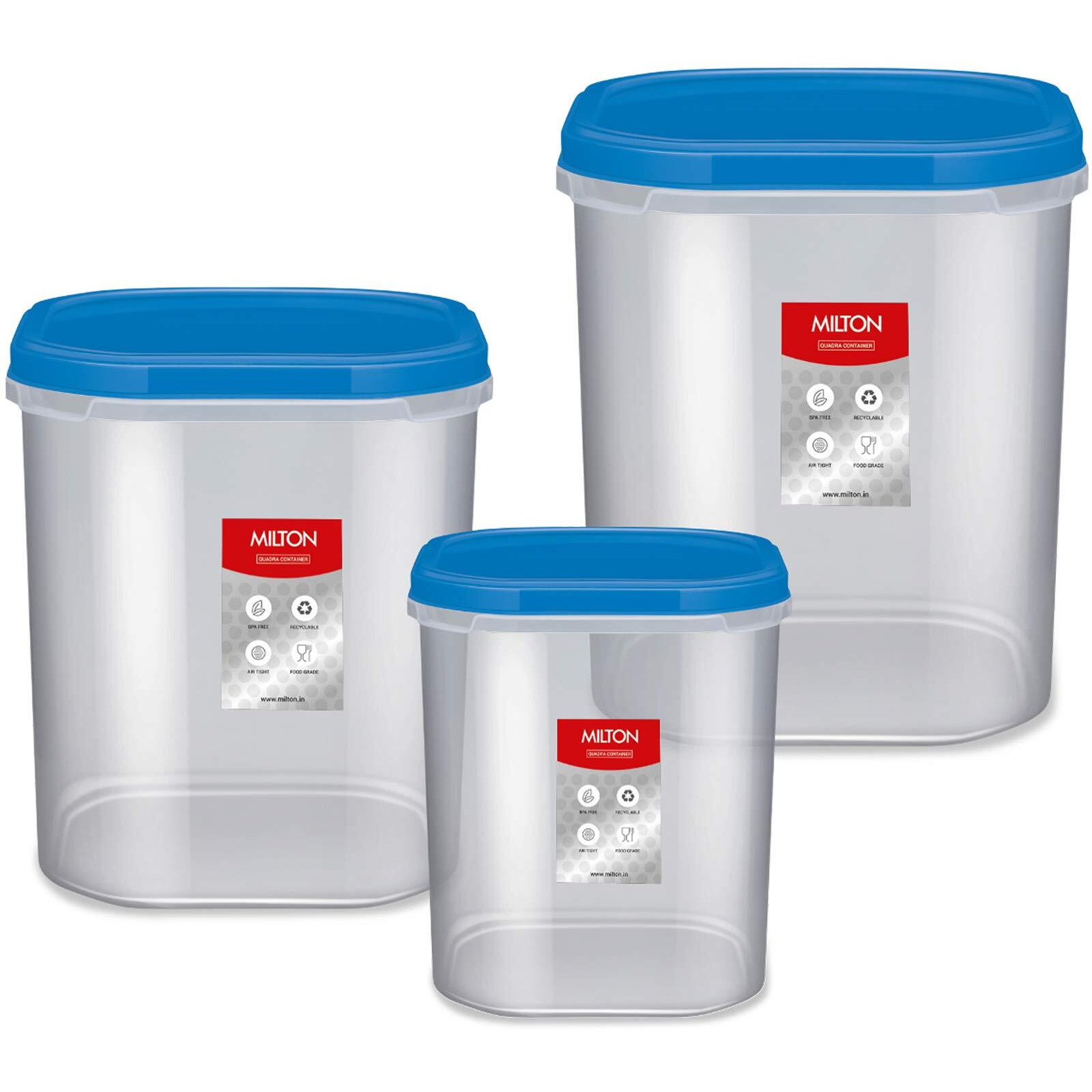 Milton Quadra Modular Multi-Purpose Plastic Containers With Lid, Set Of 3 (2L, 3L & 4L) Kitchen Storage Container Set For Spices, Atta, Grains Organizers, Transparent Dabba, Blue