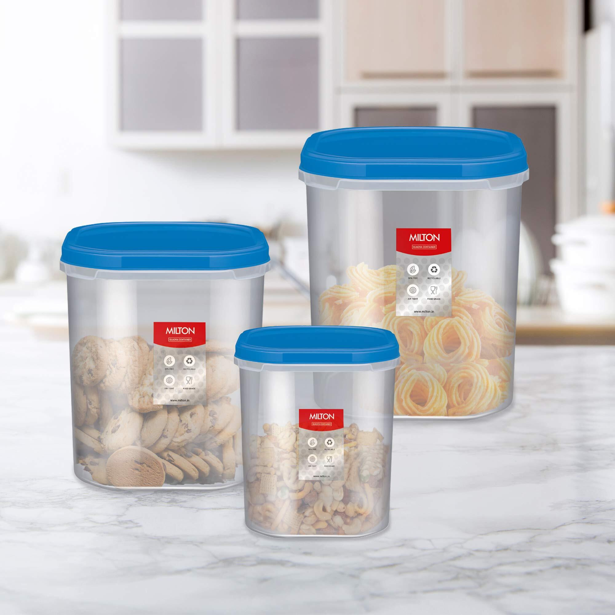 Milton Quadra Modular Multi-Purpose Plastic Containers With Lid, Set Of 3 (2L, 3L & 4L) Kitchen Storage Container Set For Spices, Atta, Grains Organizers, Transparent Dabba, Blue
