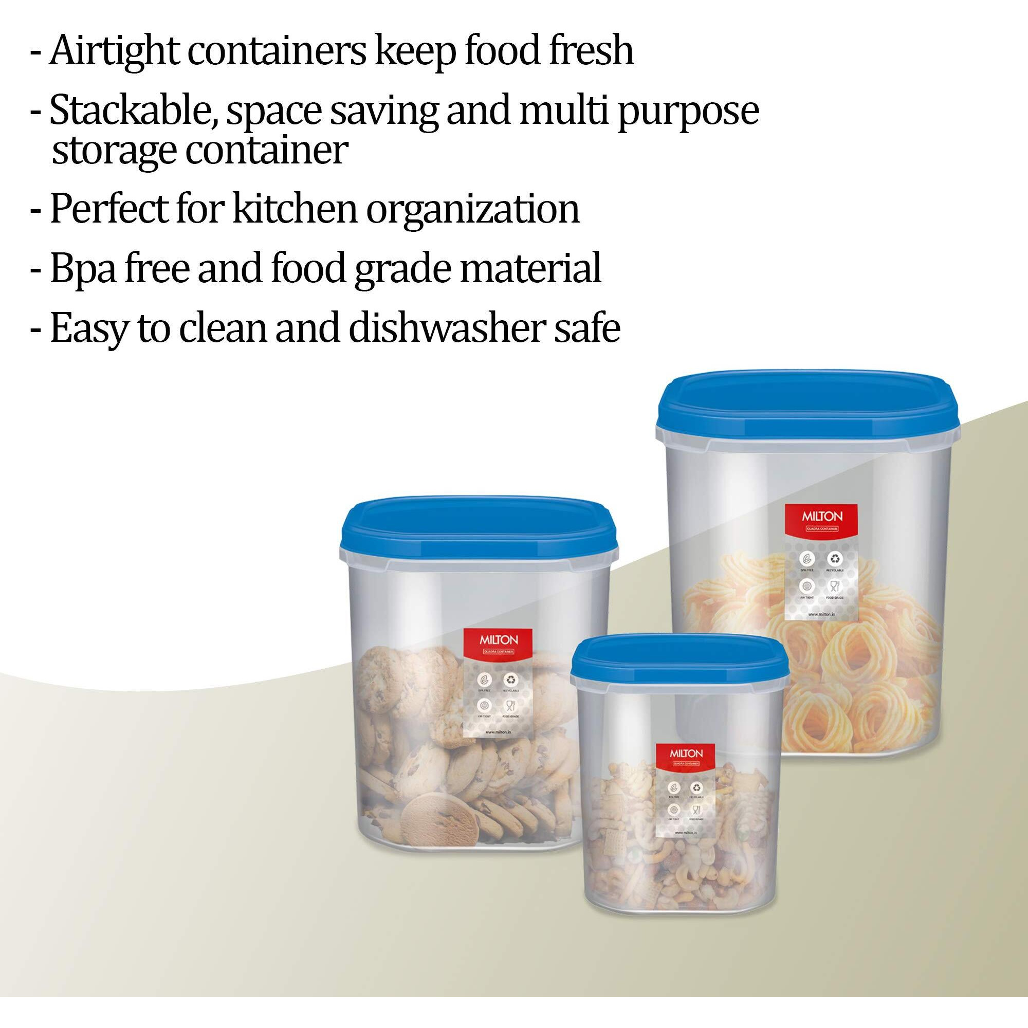 Milton Quadra Modular Multi-Purpose Plastic Containers With Lid, Set Of 3 (2L, 3L & 4L) Kitchen Storage Container Set For Spices, Atta, Grains Organizers, Transparent Dabba, Blue