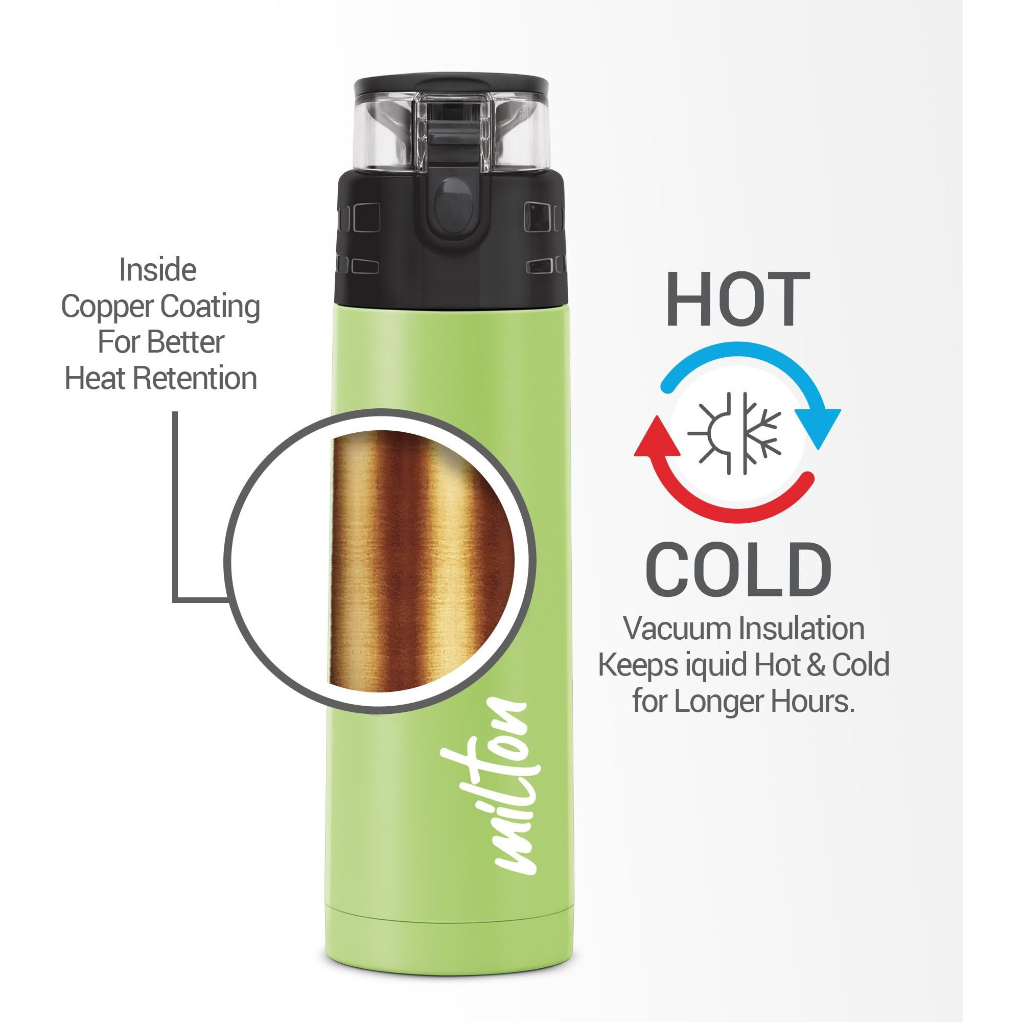 Milton Atlantis 600 Thermosteel Insulated Bottle, 500 Ml Water Bottles, 24 Hours Hot And Cold, Easy To Carry, Easy Grip, Rust Proof, Tea, Coffee, Office, Travel Bottle, Green