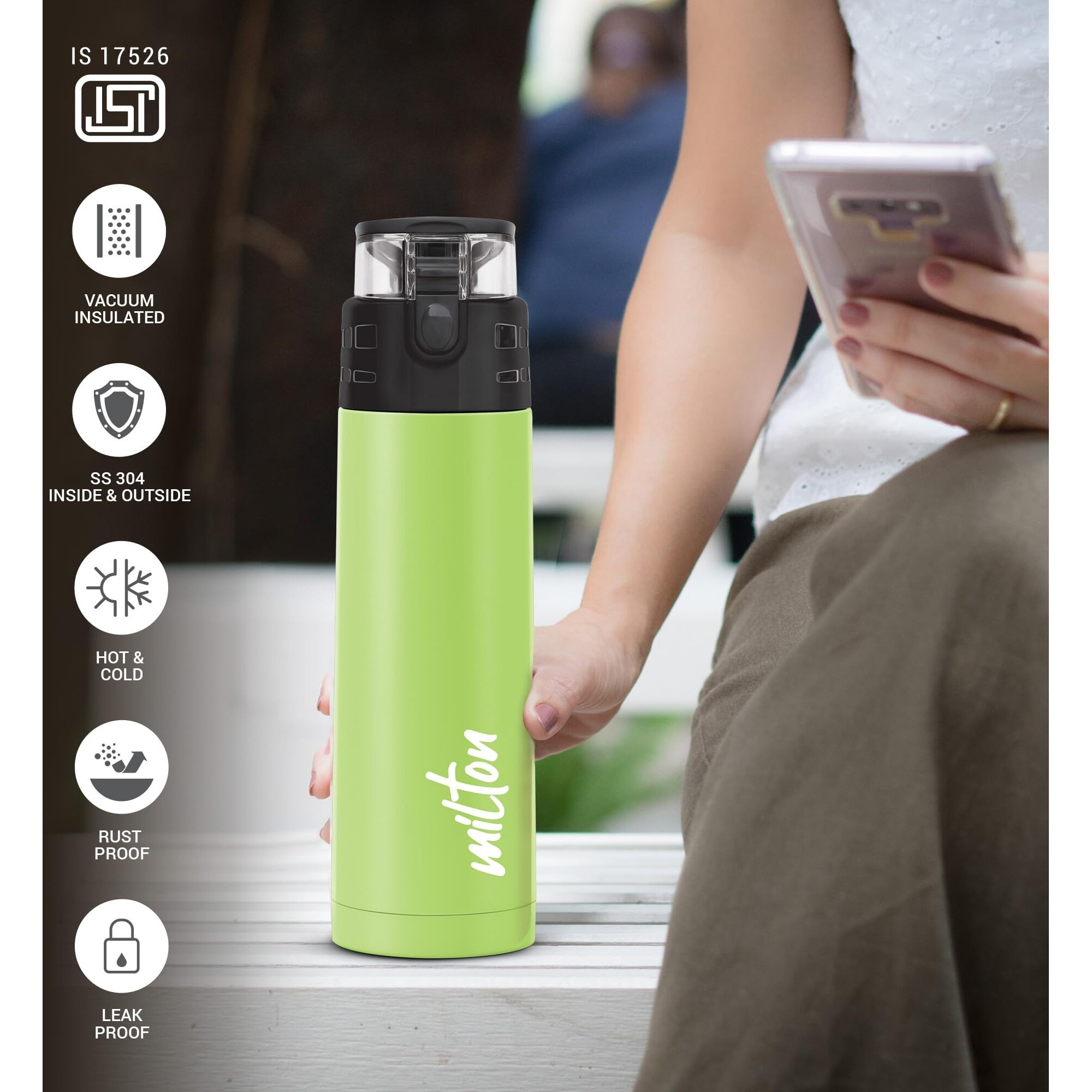 Milton Atlantis 600 Thermosteel Insulated Bottle, 500 Ml Water Bottles, 24 Hours Hot And Cold, Easy To Carry, Easy Grip, Rust Proof, Tea, Coffee, Office, Travel Bottle, Green