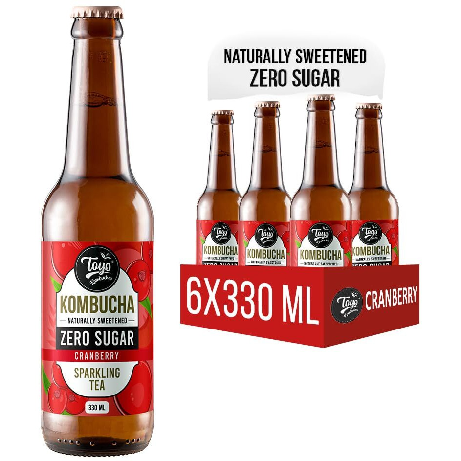 Toyo Kombucha - Sparkling Fermented Tea | Cranberry | 330Ml (Pack Of 12) - Rich In Probiotics And Antioxidants | Ready To Drink (Zero Sugar, 12)