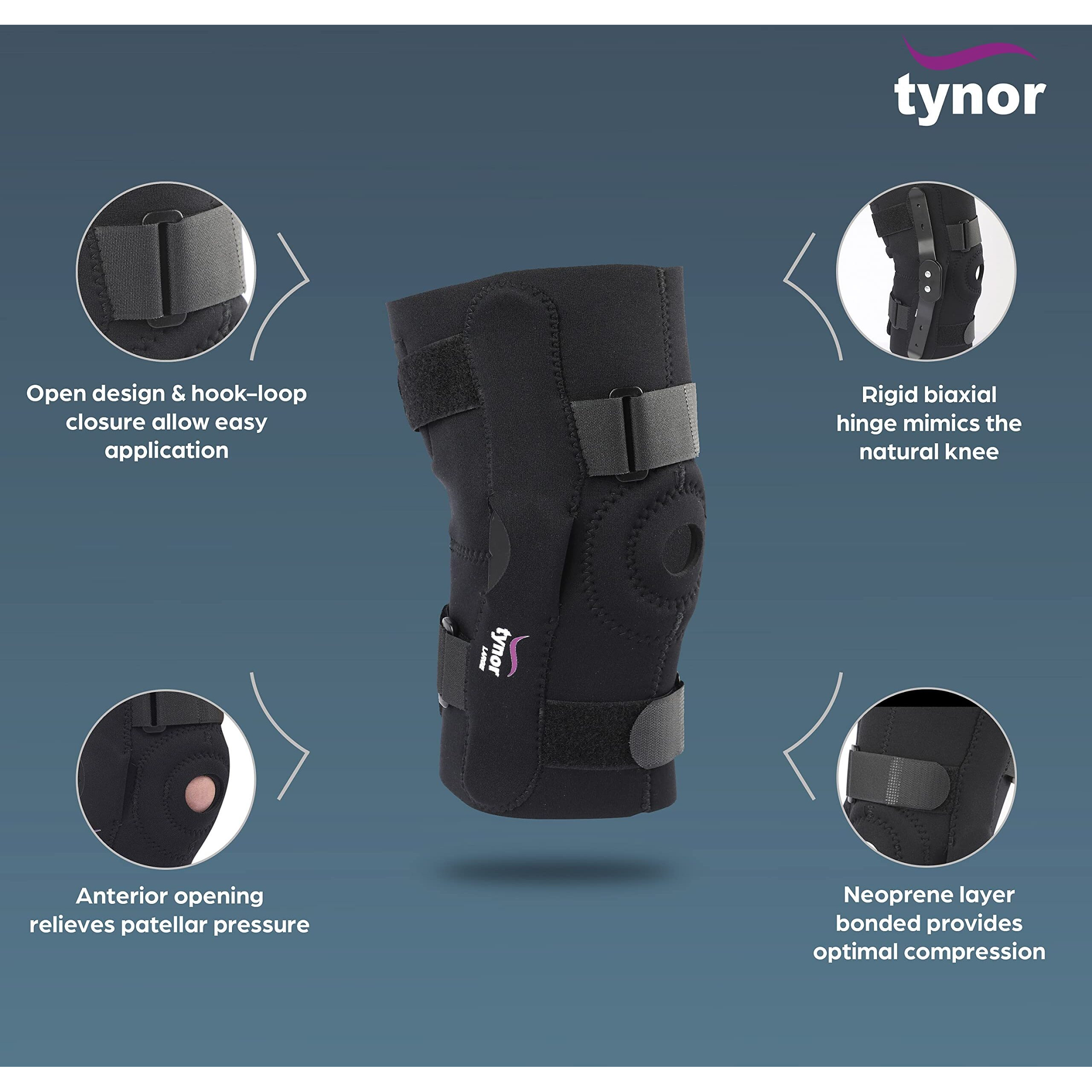 Tynor Knee Wrap Hinged (Neo), For Pain Relief, Support & Compression | Adjustable Knee Brace | For Sports, Gym, Workout, Cycling | Pack Of 1 (Black, Large)