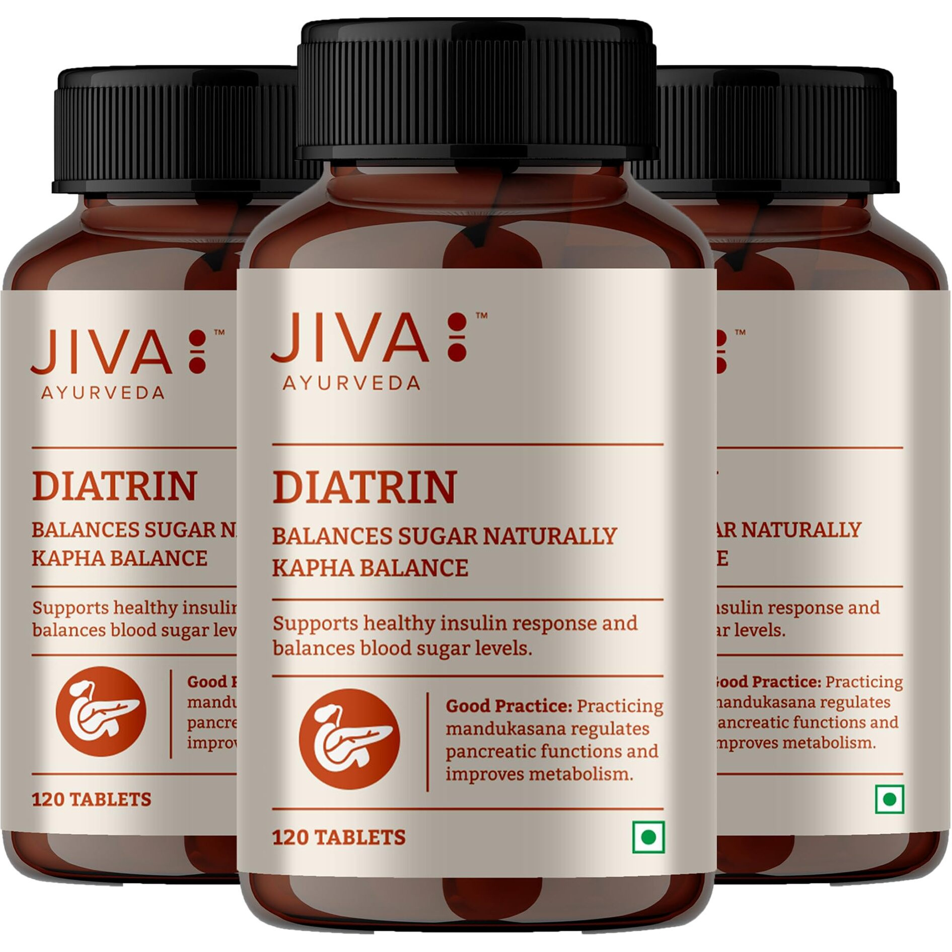Jiva Diatrin Tablets 500Mg | 100% Ayurvedic Formulation | Manages Blood Sugar Levels, Improves Metabolism & Strengthens The Pancreas | Balances Tri-Dosha- 120 Tablets (Pack Of 3)