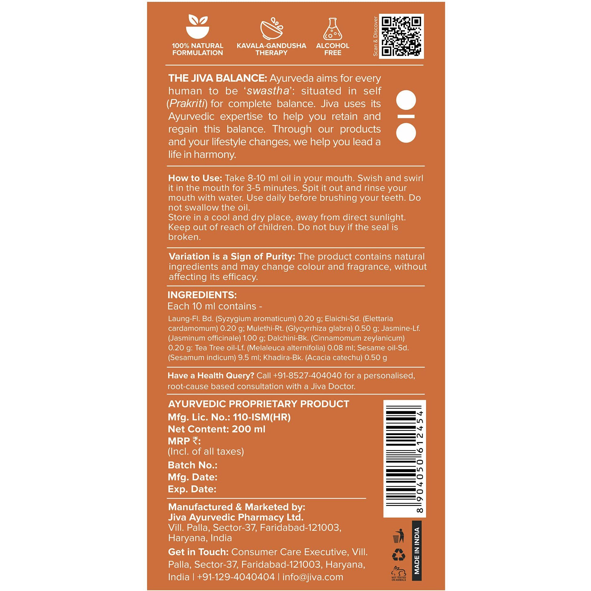 Jiva Oil Pulling 200Ml | Ayurvedic Oil For Oil Pulling Deep Cleanses Mouth, Removes Toxins | Prevent Bad Breath, Alleviates Toothache & Sensitivity (Pack Of 1)