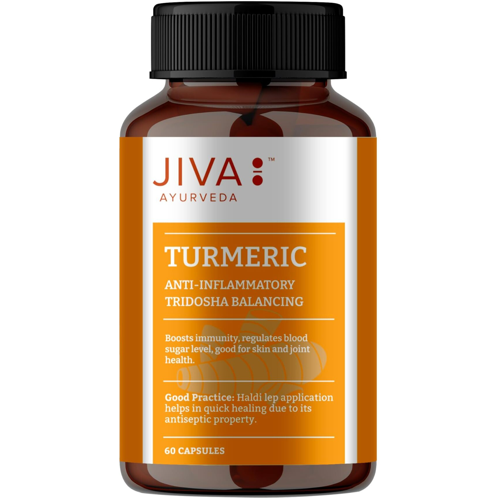 Jiva Turmeric Capsules | 100% Ayurvedic Formulation Made Of Haldi & Amla | Boosts Immunity & Promotes Healthy Skin | Regulates Blood Sugar Levels & Controls Diabetes- 60 Capsules (Pack Of 1)