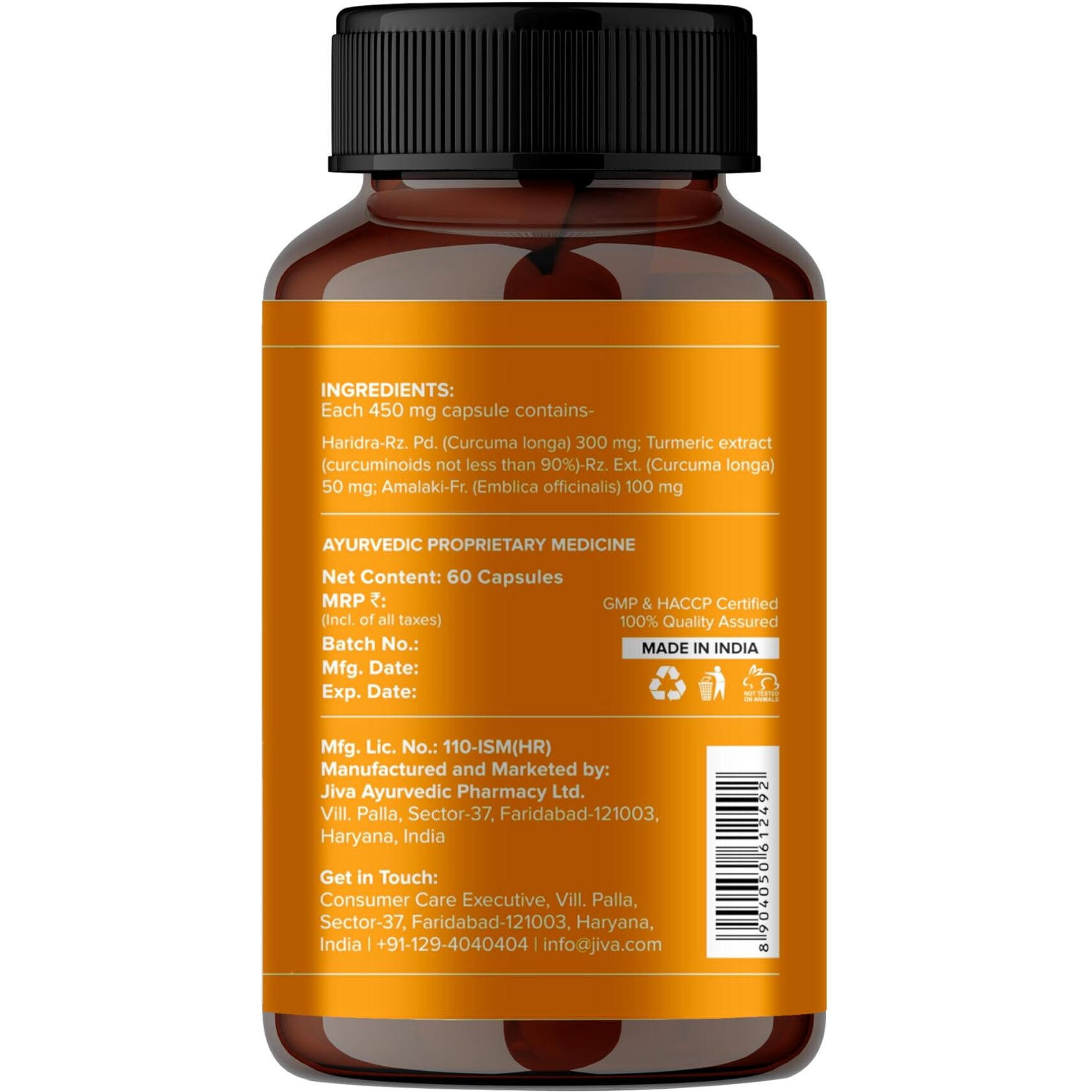 Jiva Turmeric Capsules | 100% Ayurvedic Formulation Made Of Haldi & Amla | Boosts Immunity & Promotes Healthy Skin | Regulates Blood Sugar Levels & Controls Diabetes- 60 Capsules (Pack Of 1)