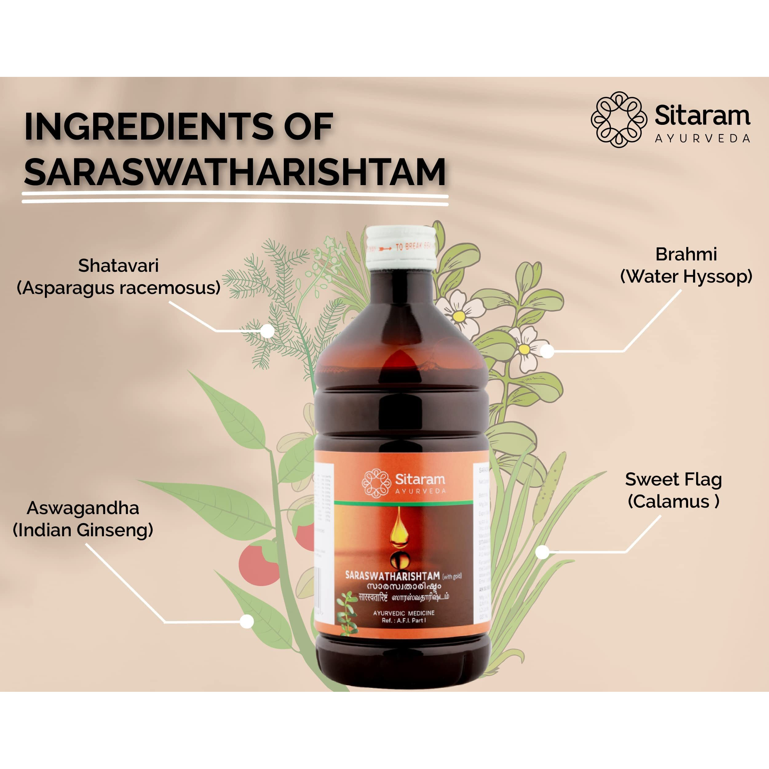 Sitaram Ayurveda Saraswatharishtam With Gold 200Ml Syrup| Kerala Ayurvedic Saraswatarishta Supplement With Brahmi And Ashwagandha.