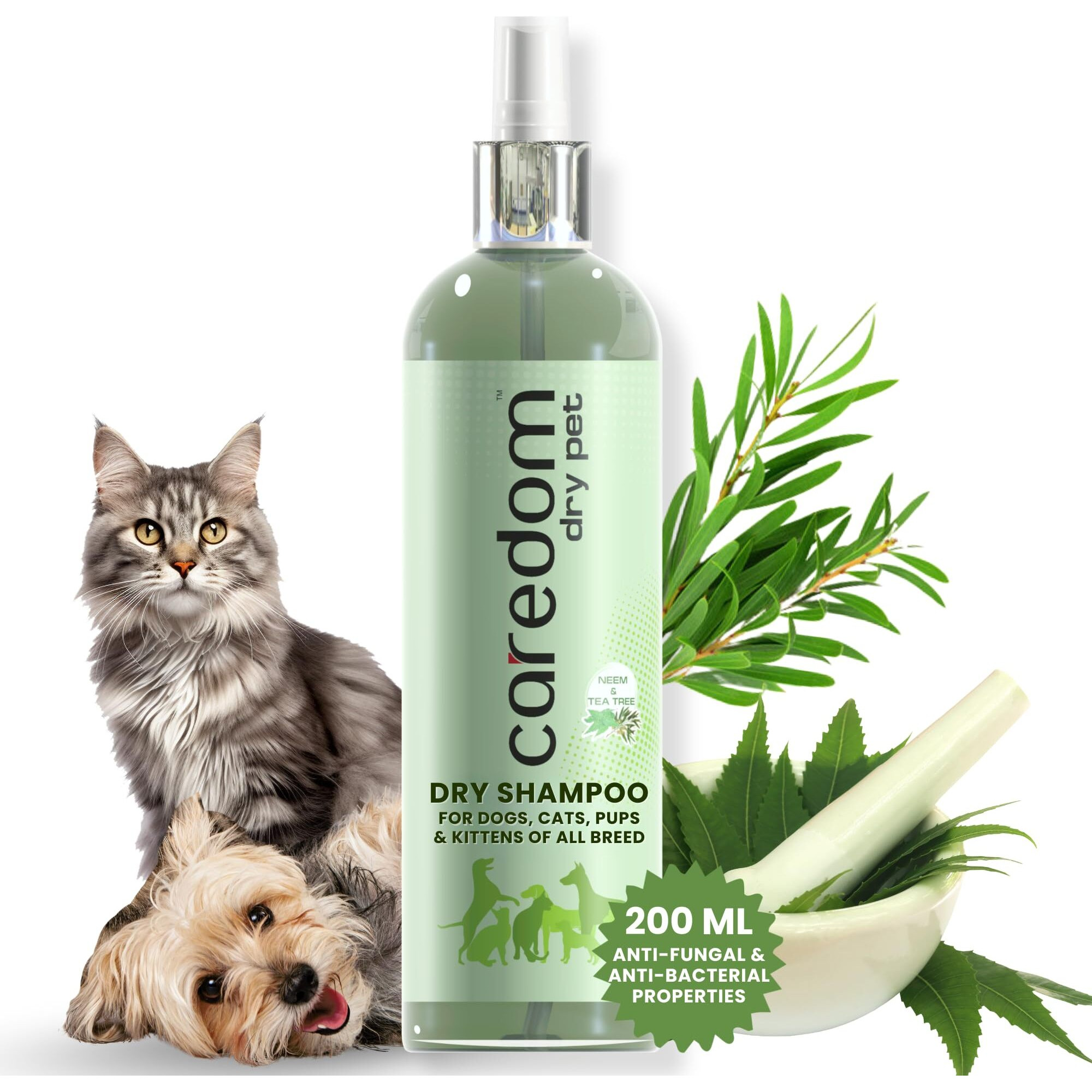 Caredom Dry Pet Dog Shampoo & Cat Dry Shampoo For Water Free Bath | Dry Shampoo Spray With Neem & Tea Tree Extracts | Dog&Cat Shampoo With Anti Fungal & Anti Bacterial Properties | Pet Shampoo (200Ml)
