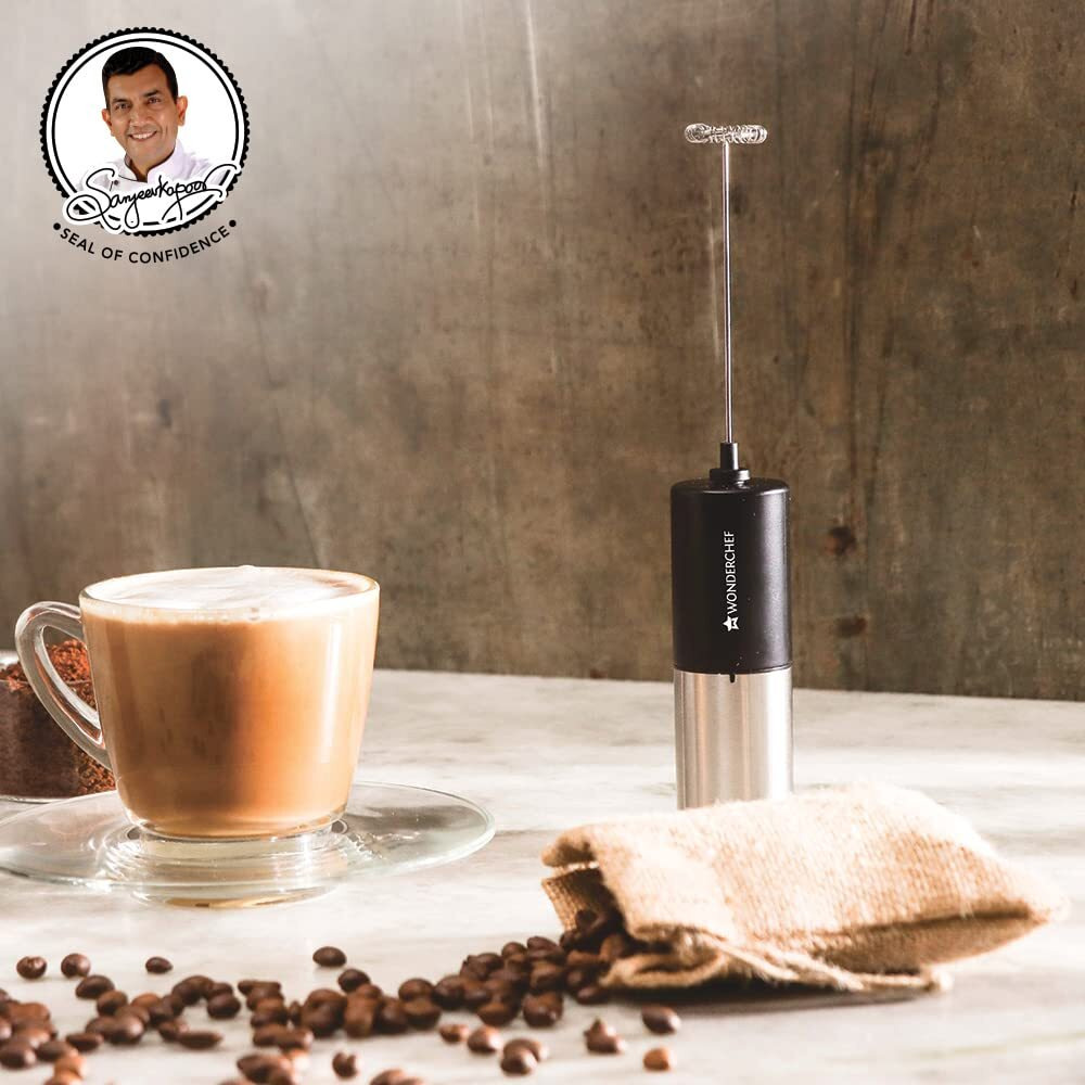 Wonderchef Regalia 6W Milk Frother For Coffee - Handheld Battery-Operated For Coffee, Lattes, Lemonade, Hot Chocolates And Shakes - Black
