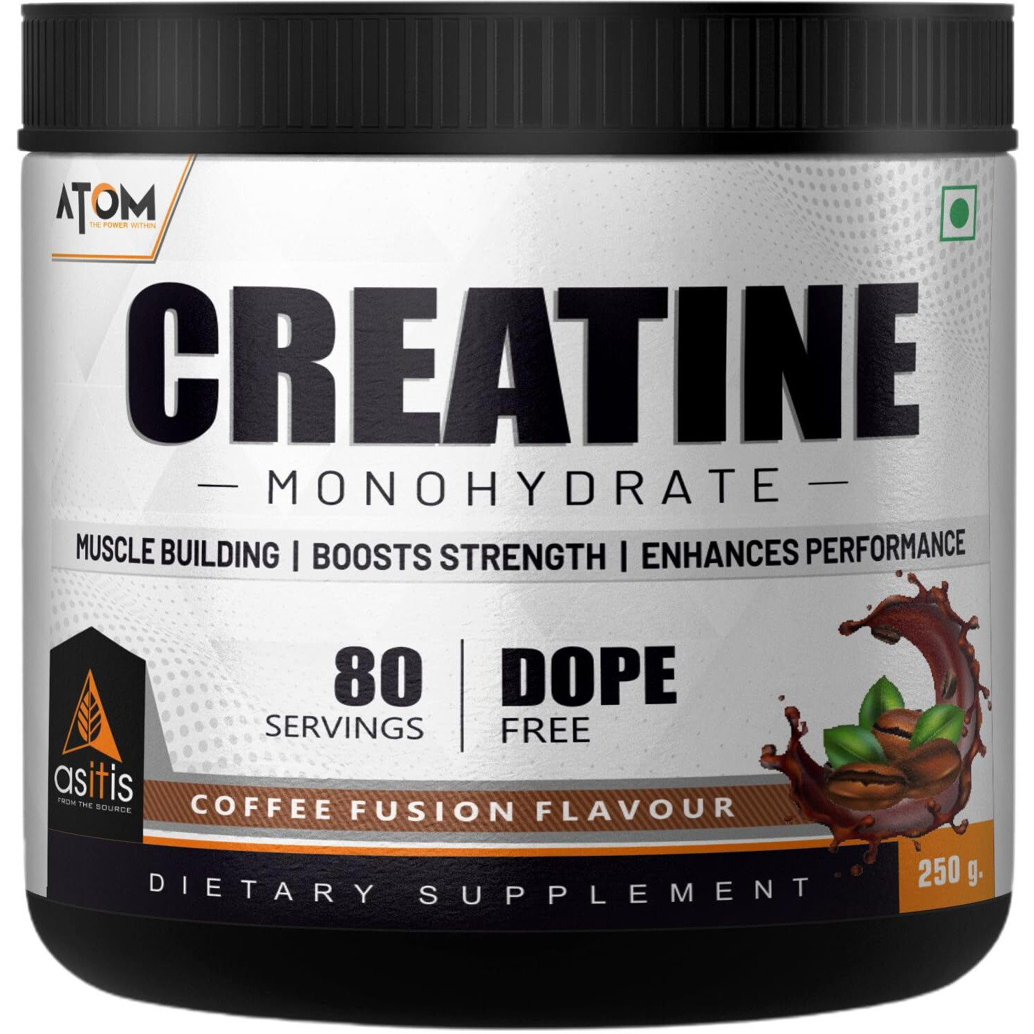 As-T-Is Atom Creatine Monohydrate Powder 250G-80 Servings | Dope Free | Enhances Performance | Promotes Muscle Gains | Coffee Fusion Flavour