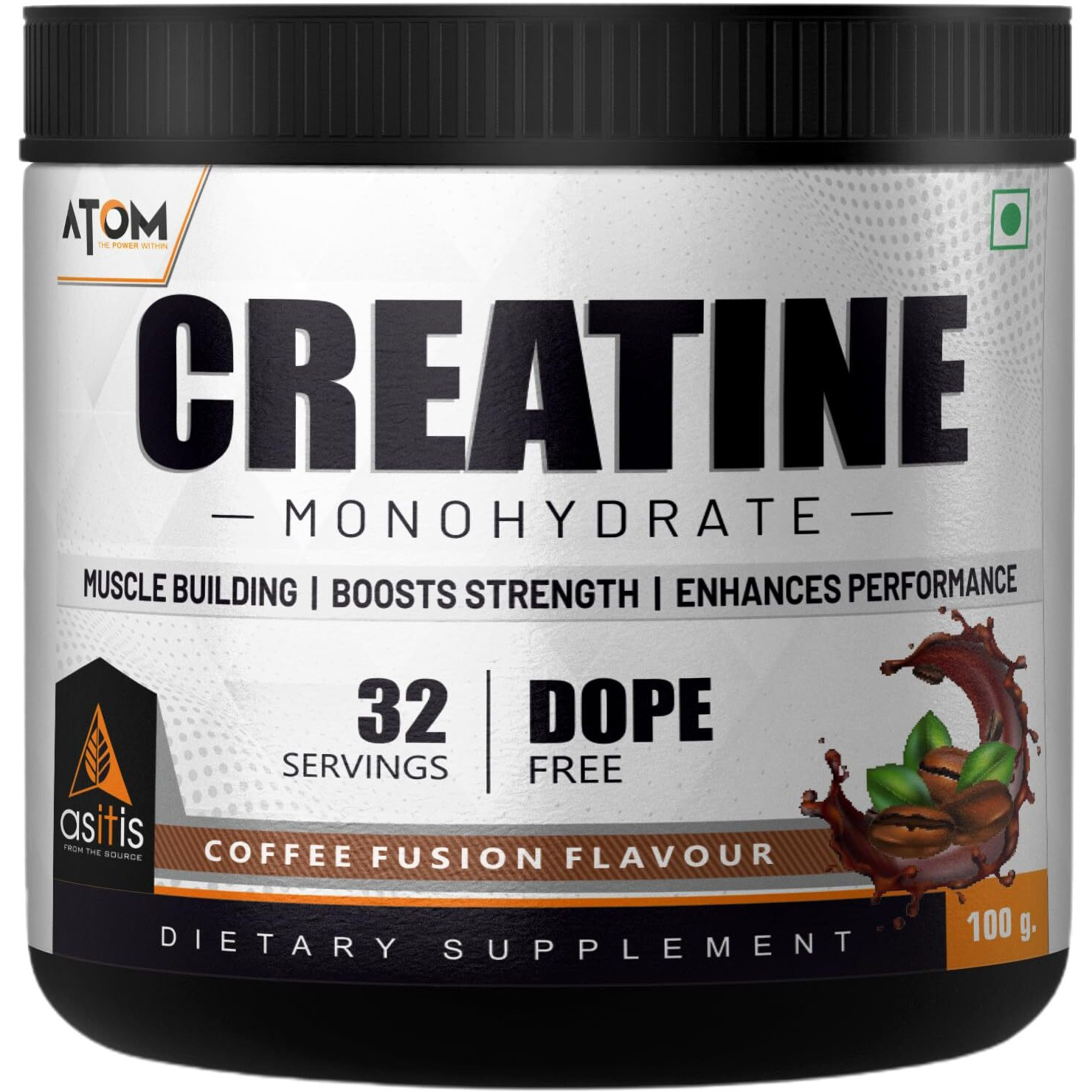 Asitis Nutrition Atom Creatine Monohydrate Powder 100 Grams - 32 Servings | Dope Free | Enhances Performance | Promotes Muscle Gains | Coffee Fusion Flavour