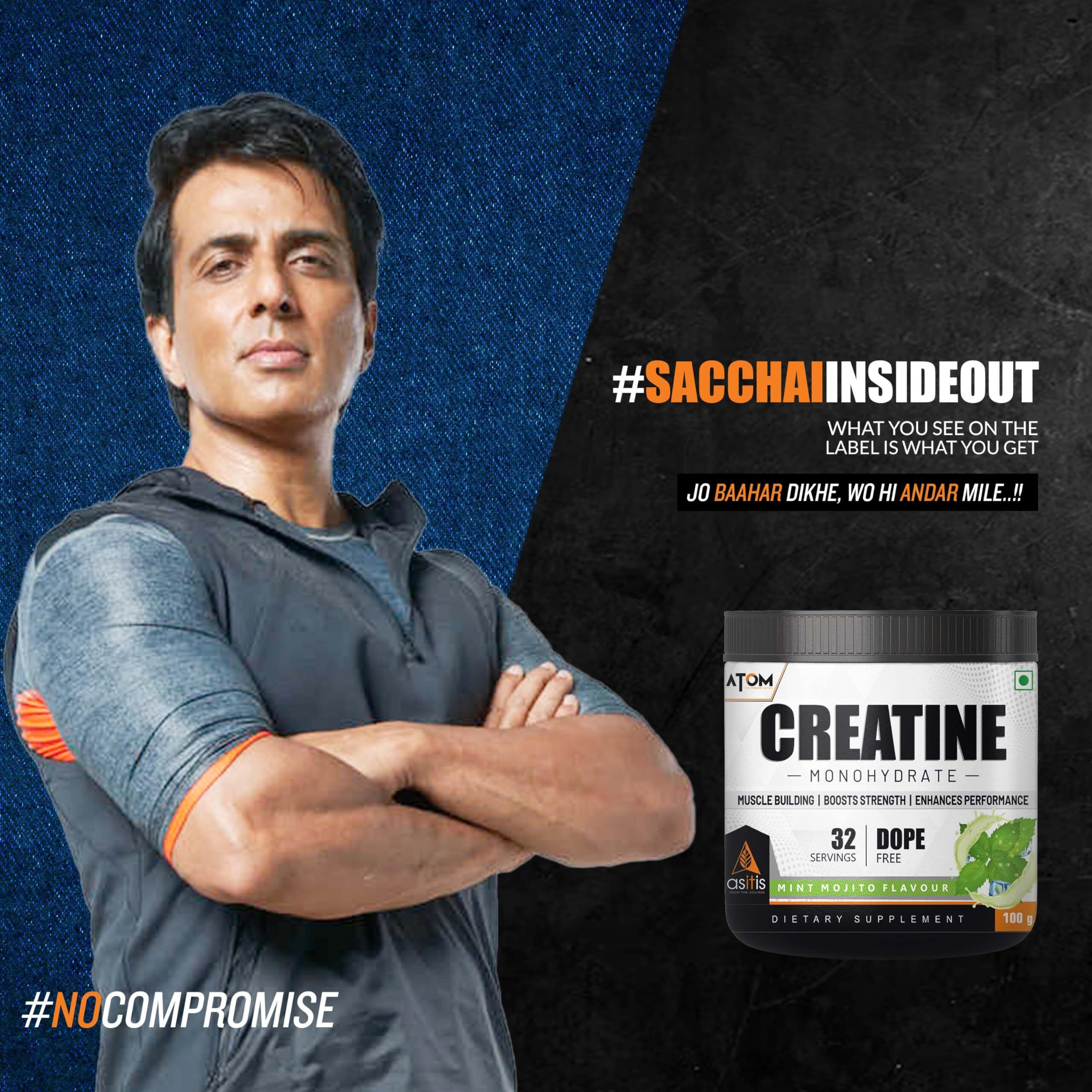 Asitis Nutrition Atom Creatine Monohydrate Powder 100 Grams - 32 Servings | Dope Free | Enhances Performance | Promotes Muscle Gains | Coffee Fusion Flavour