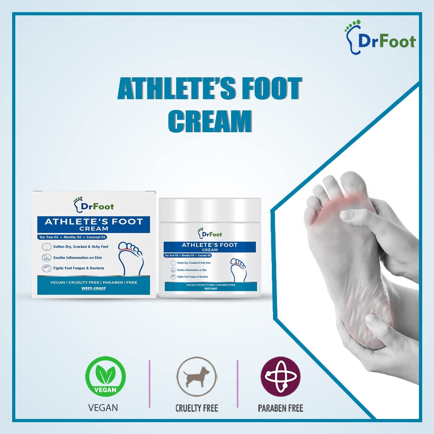 Dr Foot Athlete's Foot Cream | Soothing And Moisturizing | Foot Care For Dry And Cracked Feet | Tea Tree Oil, Menthol Oil, Coconut Oil - 100Gm