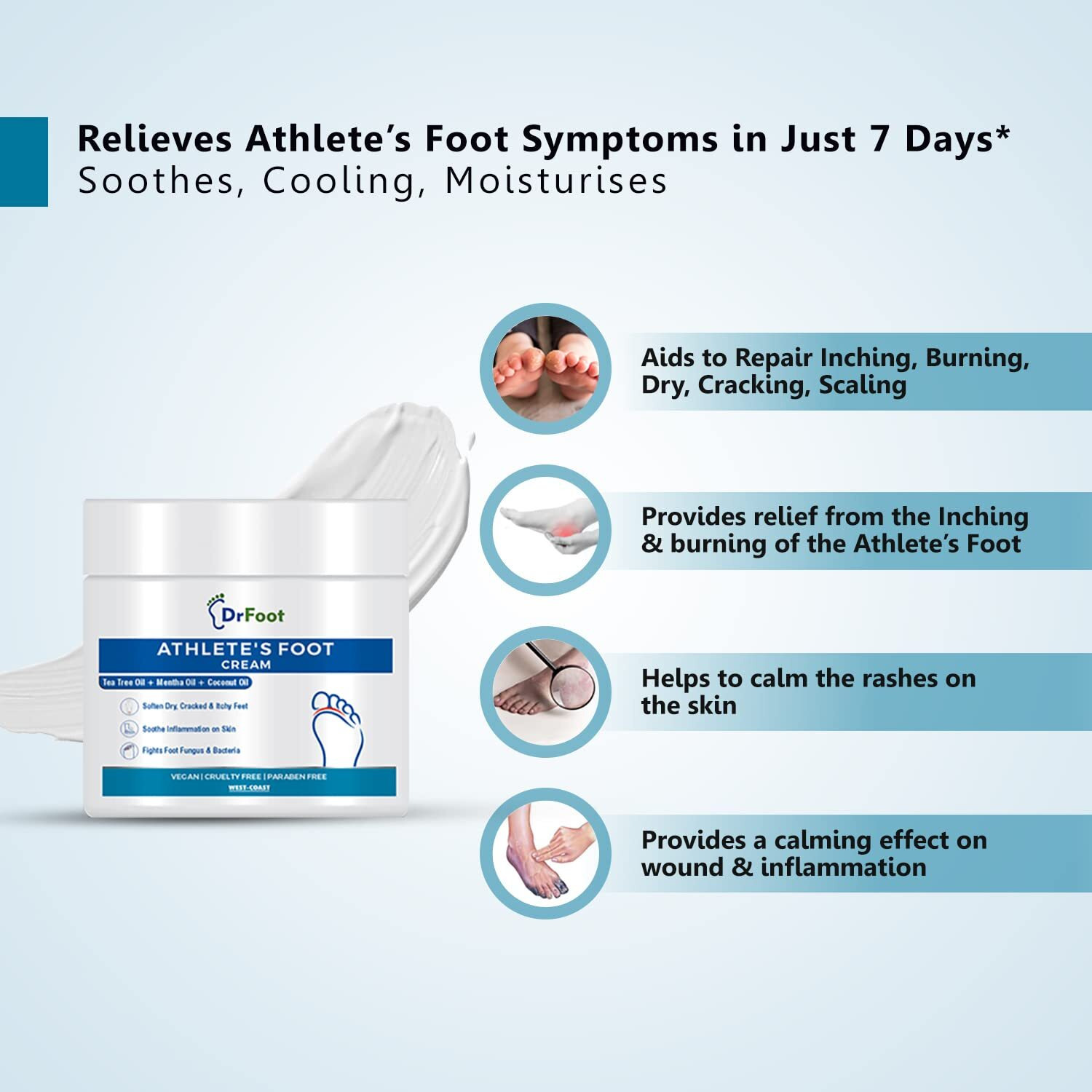 Dr Foot Athlete's Foot Cream | Soothing And Moisturizing | Foot Care For Dry And Cracked Feet | Tea Tree Oil, Menthol Oil, Coconut Oil - 100Gm