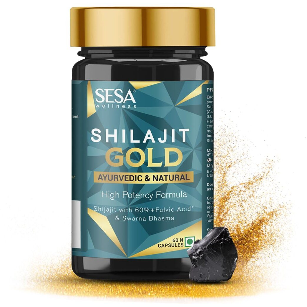 Sesa Shilajit Gold 60 Capsules With 60%+ Fulvic Acid 100% Natural Ayurvedic Shilajit Extract Helps Boost Stamina & Strength, 60 Capsules