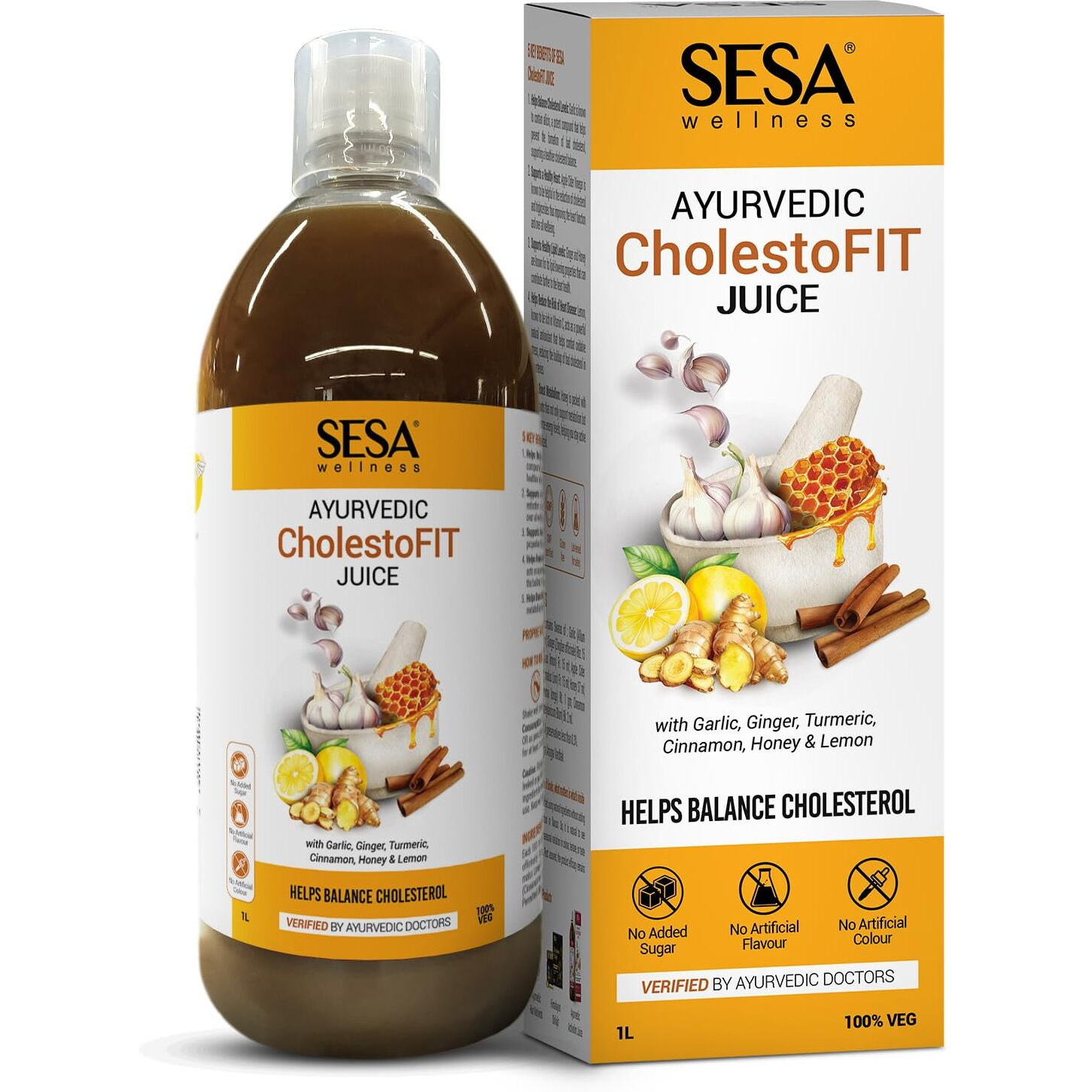 Sesa Ayurvedic Cholestofit Juice 1L With Lemon, Honey, Garlic, Ginger & Apple Cider Vinegar Supports Healthy Heart & Cholesterol Balance 100% Ayurvedic & Sugar-Free