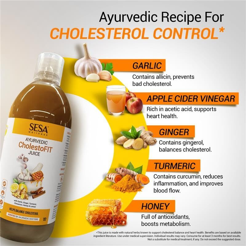 Sesa Ayurvedic Cholestofit Juice 1L With Lemon, Honey, Garlic, Ginger & Apple Cider Vinegar Supports Healthy Heart & Cholesterol Balance 100% Ayurvedic & Sugar-Free