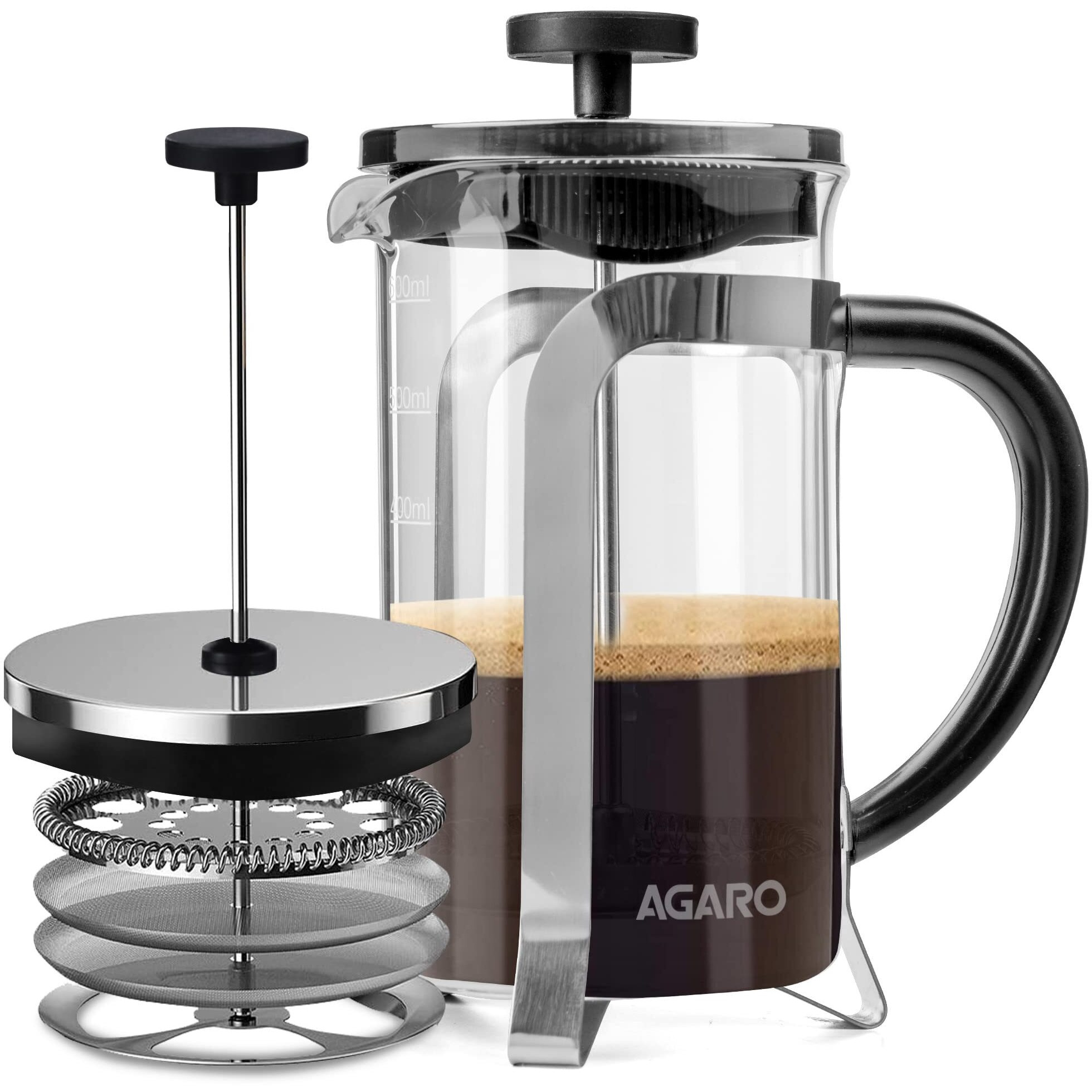Agaro Classic French Press Coffee And Tea Maker, Borosilicate Glass Body With Sleeves, Glass Carafe, Bpa Free Plastic Lid Strainer, 600Ml