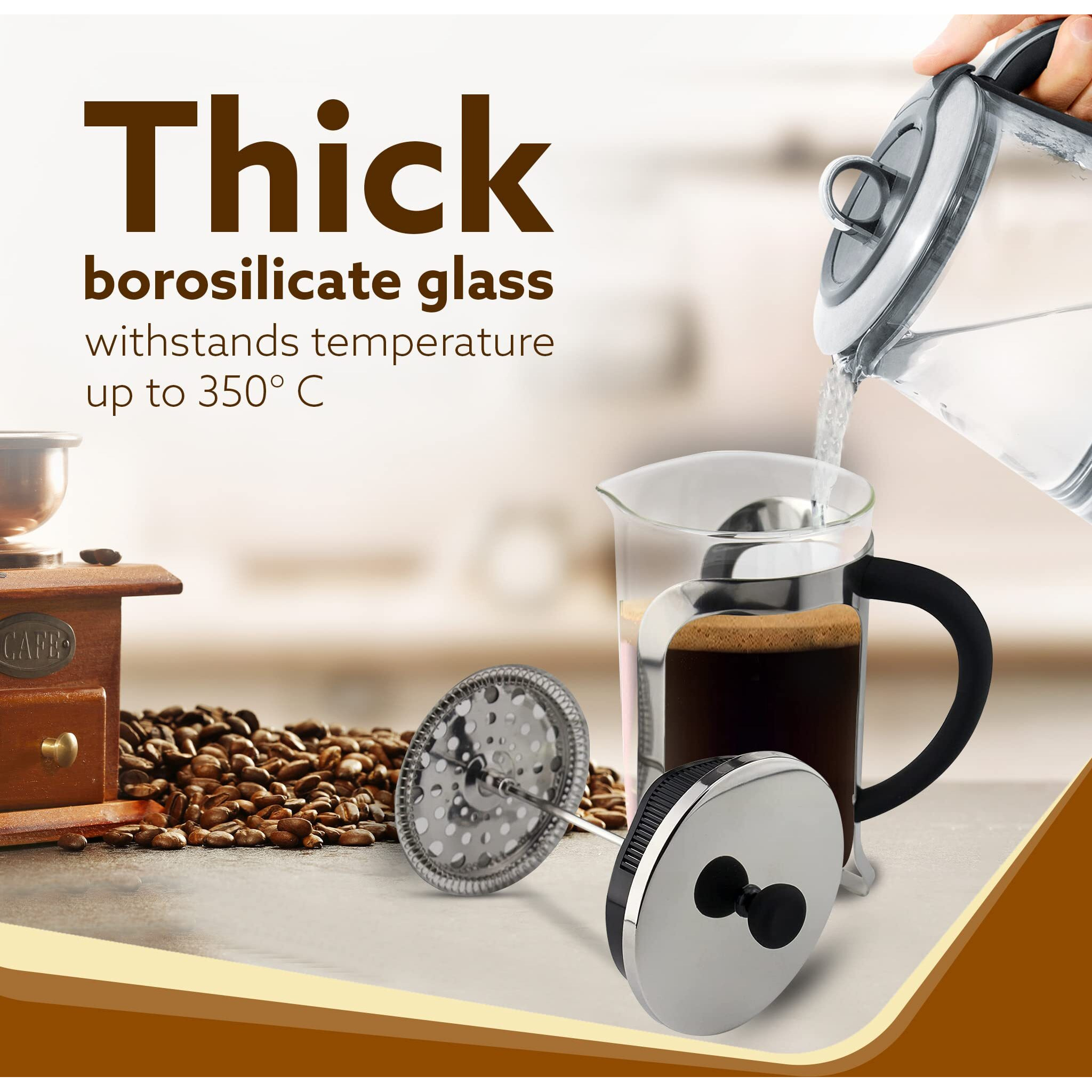Agaro Classic French Press Coffee And Tea Maker, Borosilicate Glass Body With Sleeves, Glass Carafe, Bpa Free Plastic Lid Strainer, 600Ml