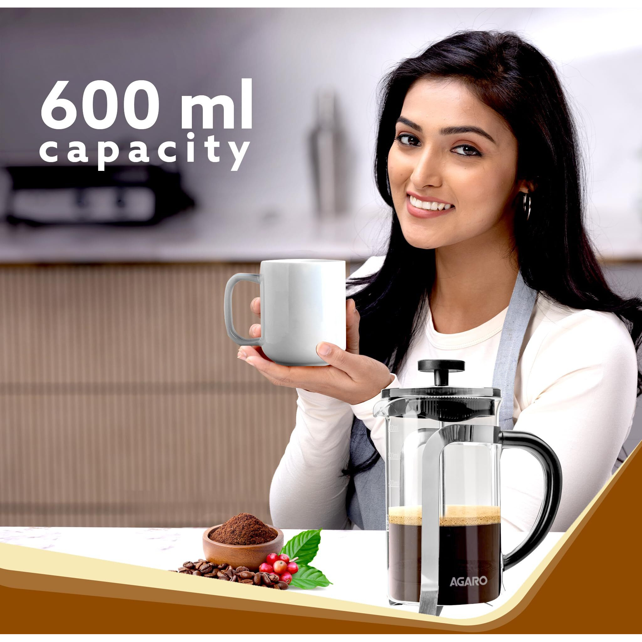 Agaro Classic French Press Coffee And Tea Maker, Borosilicate Glass Body With Sleeves, Glass Carafe, Bpa Free Plastic Lid Strainer, 600Ml