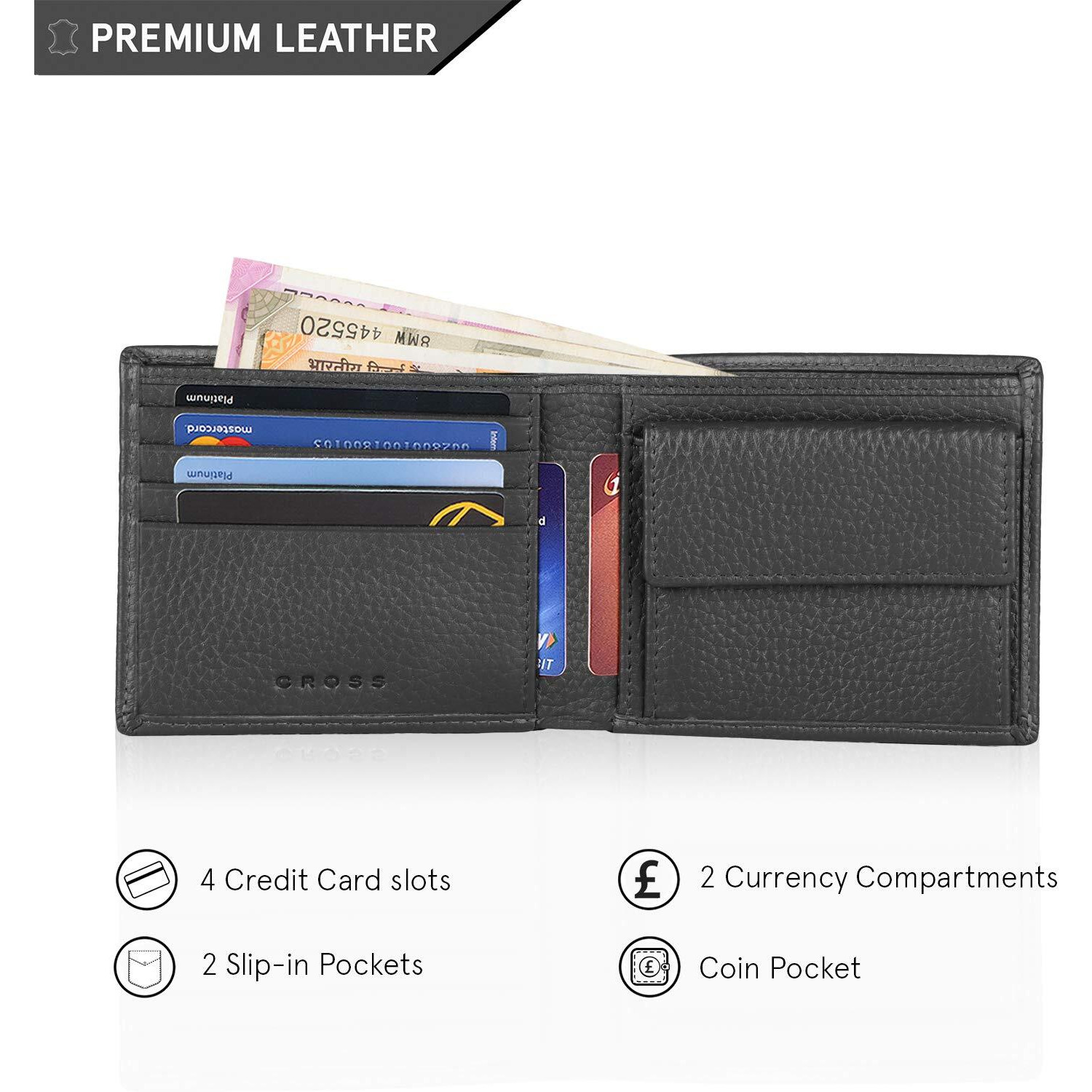 Cross Genuine Leather Wallets For Men | Gents Purse With 4 Card Slots, 2 Slip-In Pockets, 2 Currency Compartments, 1 Coin Pocket - Black