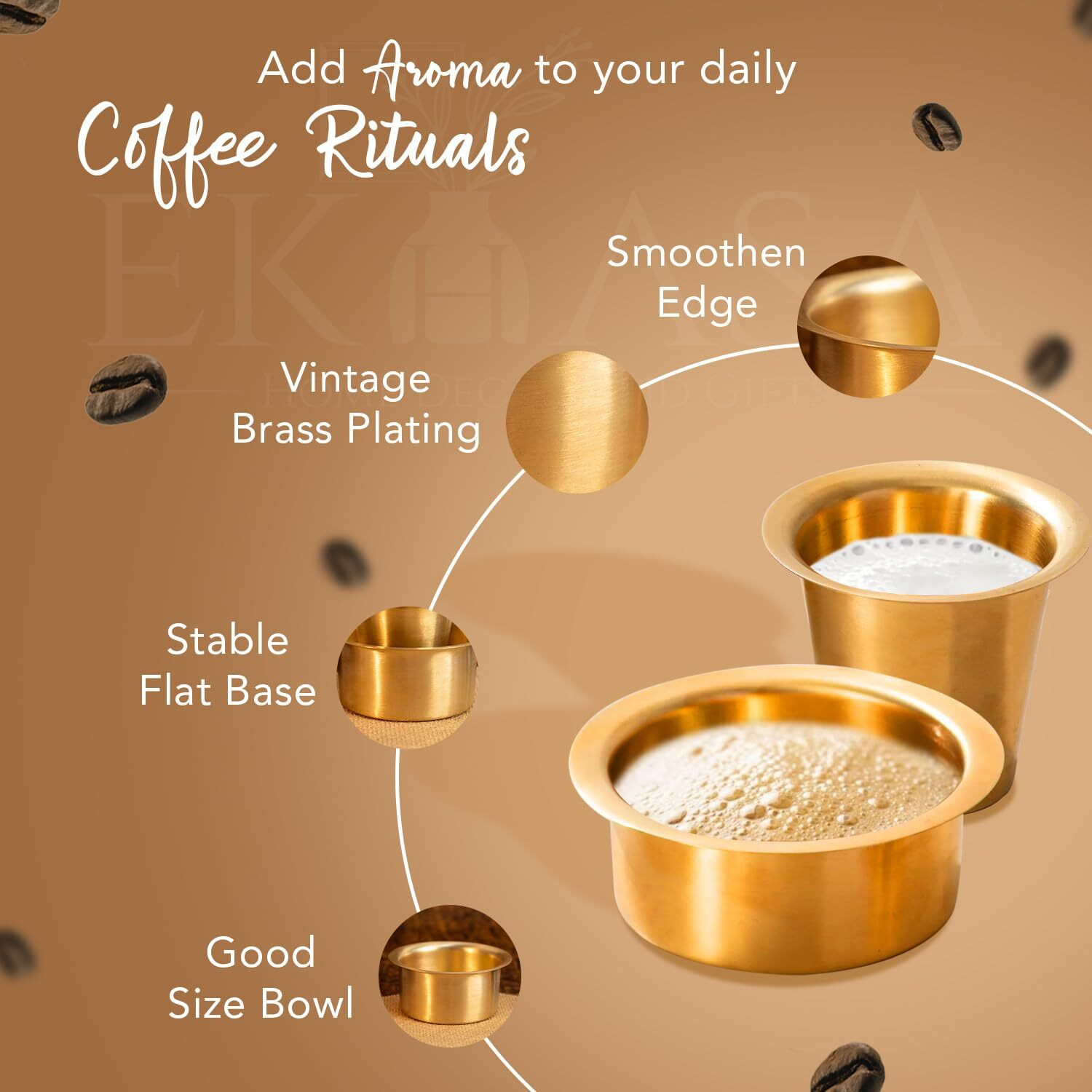 Ekhasa 100% Pure Brass Filter Coffee Cup | Dabara Set For Coffee | South Indian Dawara Coffee Cup Set | Pital Filter Coffee Cup Tumbler Set (Set Of 2)