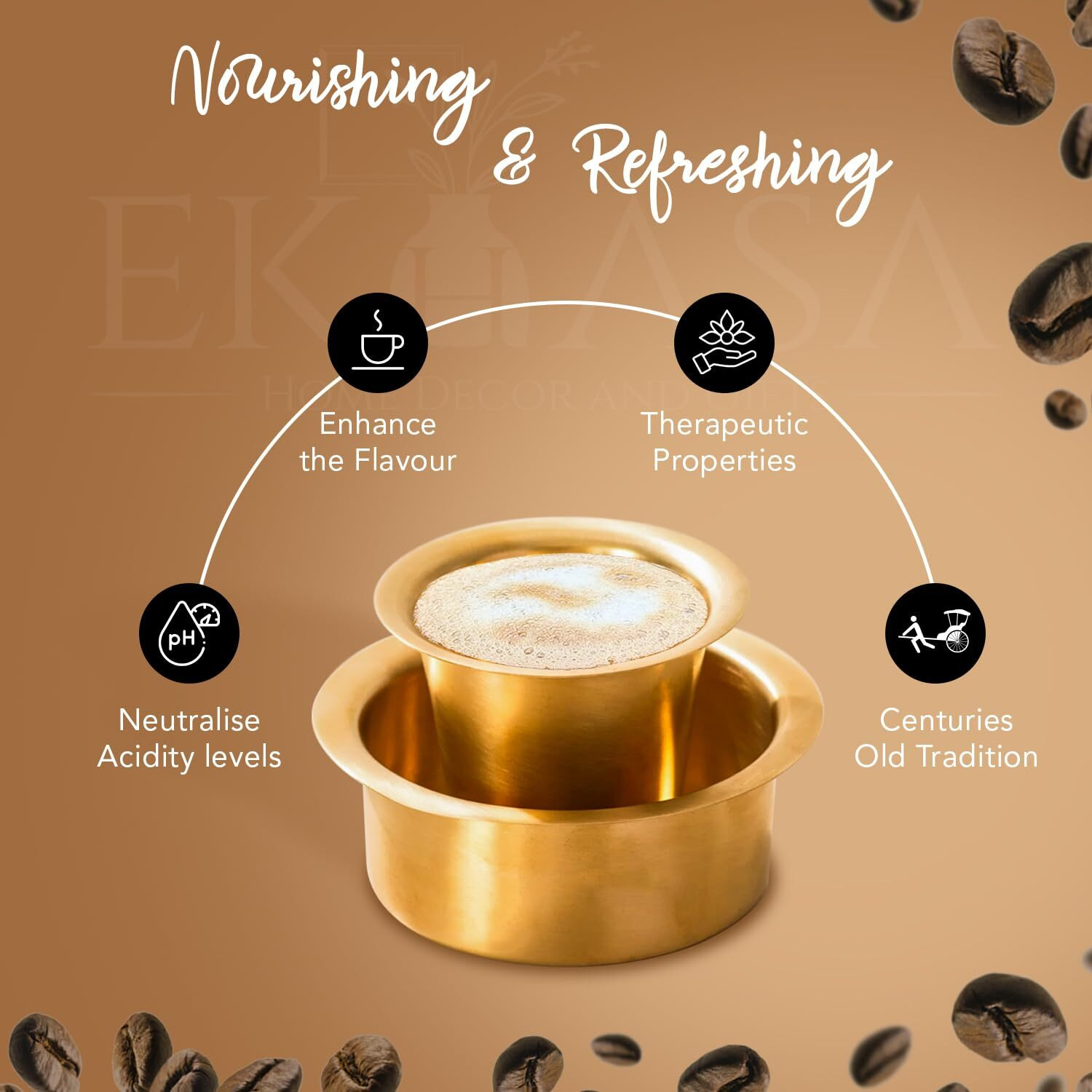 Ekhasa 100% Pure Brass Filter Coffee Cup | Dabara Set For Coffee | South Indian Dawara Coffee Cup Set | Pital Filter Coffee Cup Tumbler Set (Set Of 2)