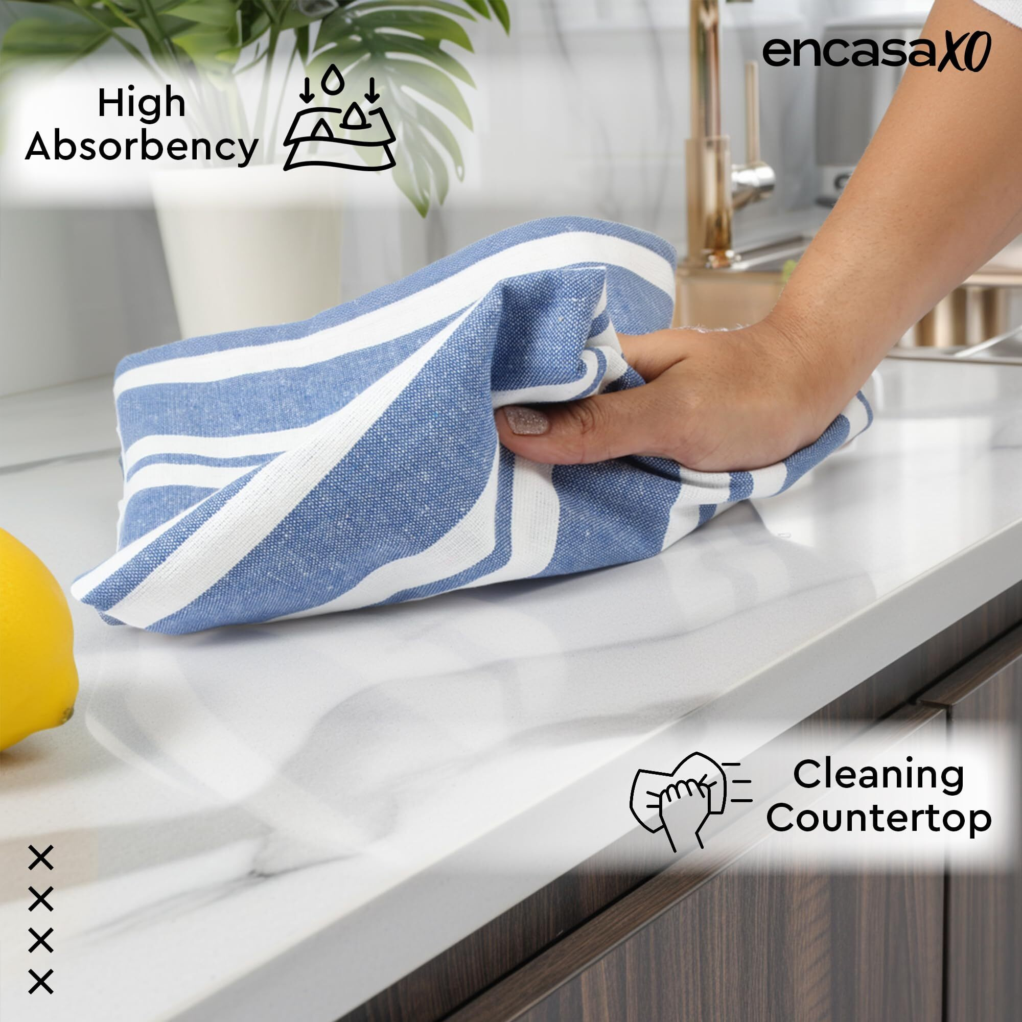 Encasa Xo Kitchen Cloth For Cooking | Cotton Hand Towel For Drying Dishes | 70X45 Cm Tea Towels | Highly Absorbent For Cleaning & Quick Drying Of Plates | Franca Blue Stripes (Set Of 4 Pieces)