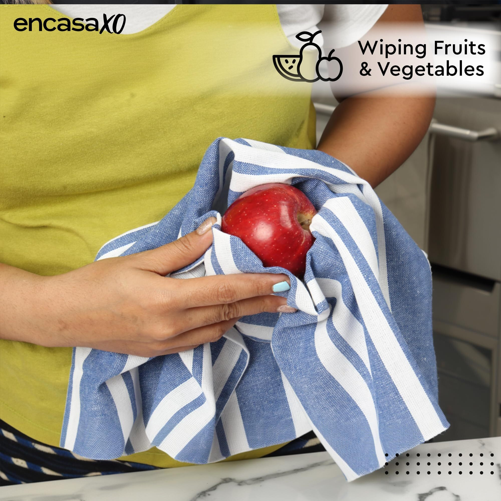 Encasa Xo Kitchen Cloth For Cooking | Cotton Hand Towel For Drying Dishes | 70X45 Cm Tea Towels | Highly Absorbent For Cleaning & Quick Drying Of Plates | Franca Blue Stripes (Set Of 4 Pieces)