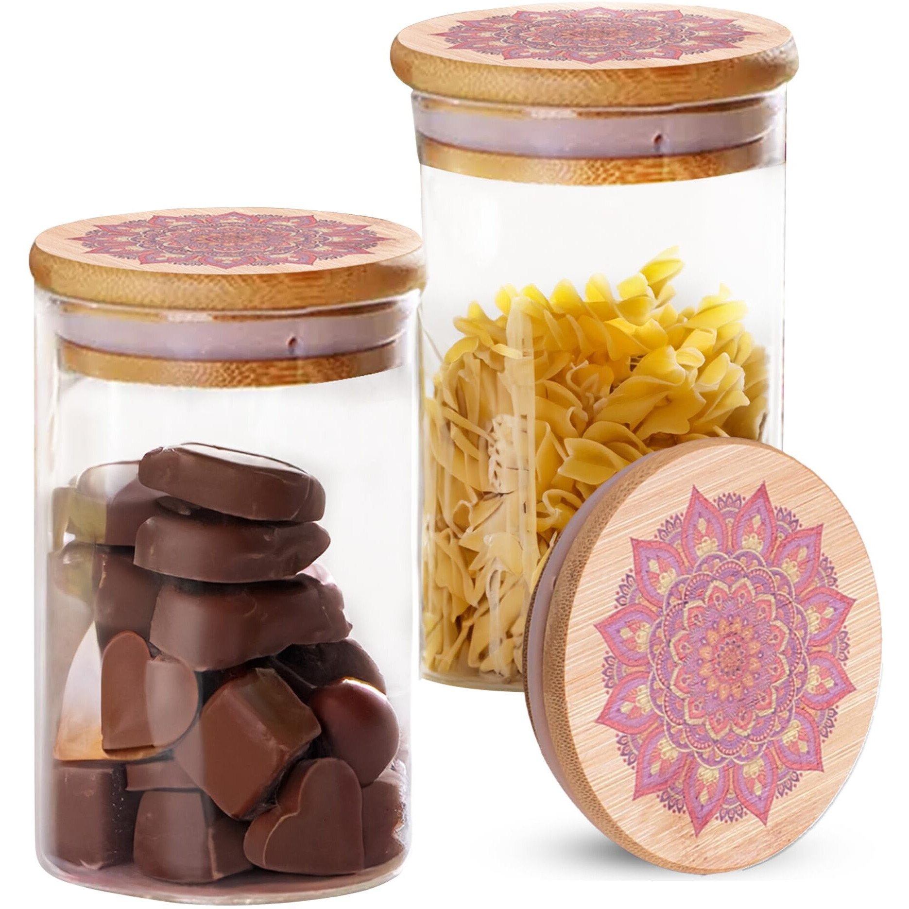 The Better Home Pack Of 2 Borosilicate Jars With Printed Bamboo Lids | 600Ml Each Kitchen Containers Set I Airtight Glass Jar For Cookies, Snacks, Spices, Tea, Coffee, Sugar, Dry Fruits