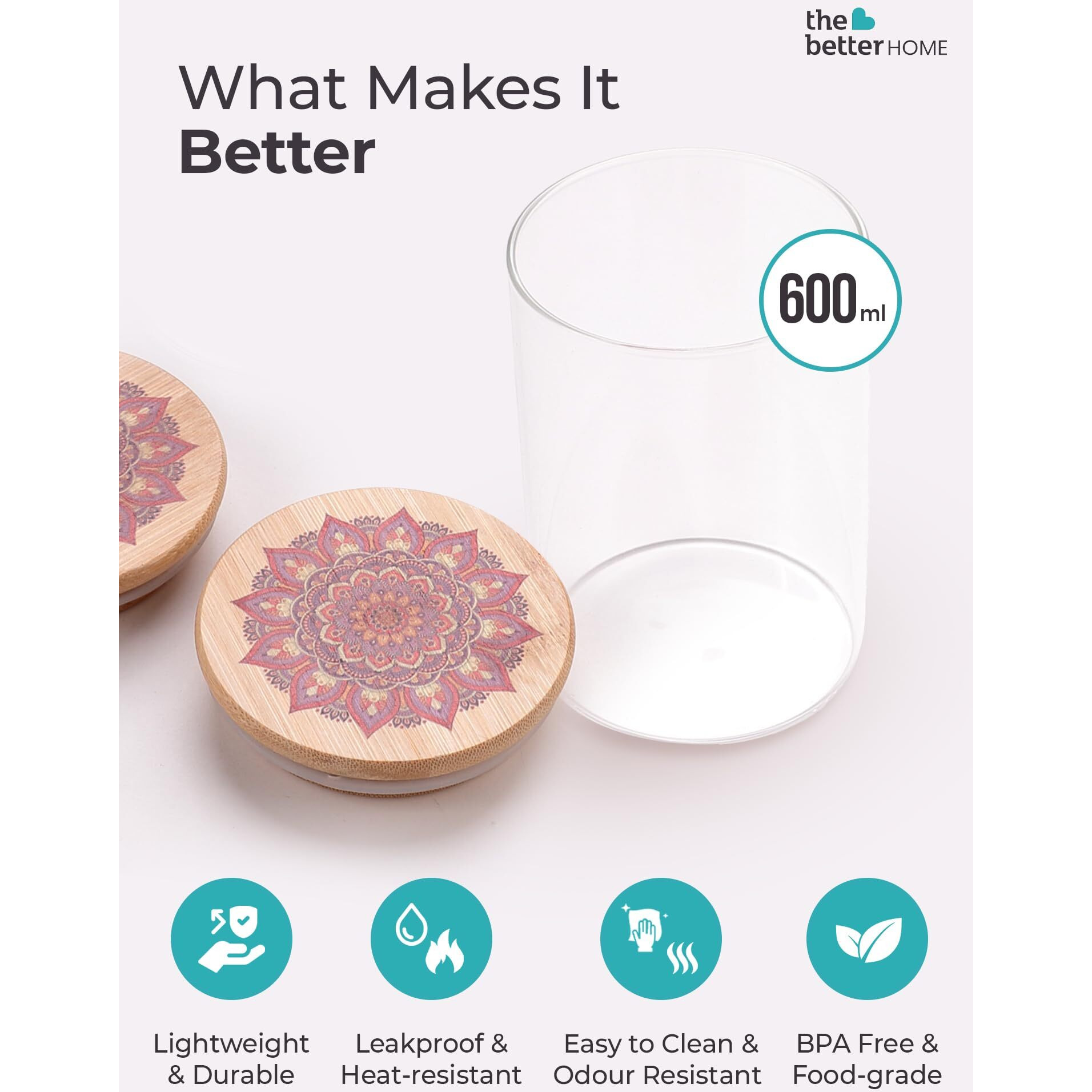 The Better Home Pack Of 2 Borosilicate Jars With Printed Bamboo Lids | 600Ml Each Kitchen Containers Set I Airtight Glass Jar For Cookies, Snacks, Spices, Tea, Coffee, Sugar, Dry Fruits