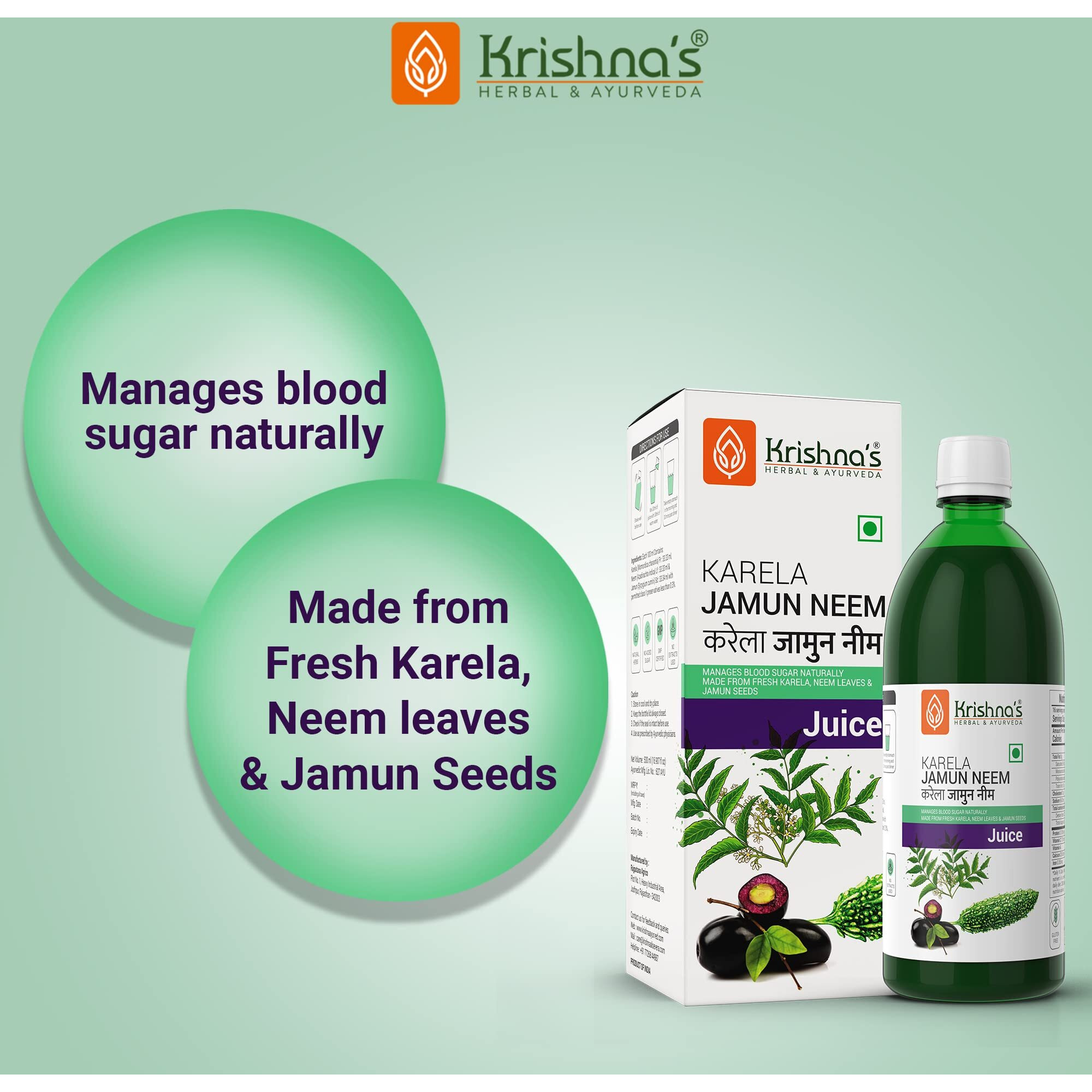 Krishna's Herbal & Ayurveda Krishna's Karela Jamun Neem Juice-1000 Ml Blend Of Fresh Karela, Neem Juice & Jamun Seeds Ayurvedic Solution For Balancing Sugar Levels, Pack Of 1