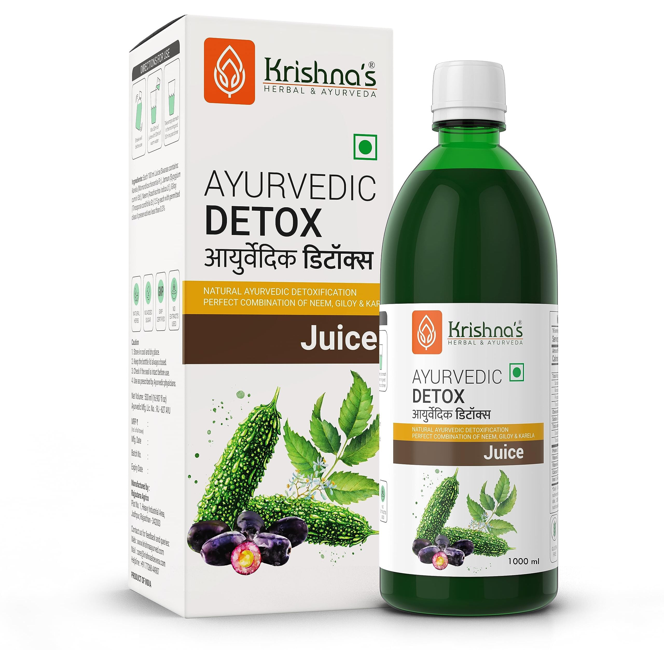 Krishna's Herbal & Ayurveda Ayurvedic Detox Juice 1000 Ml | Ayurvedic Detoxification | Perfect Combination Of Giloy, Karela, Jamun & Neem