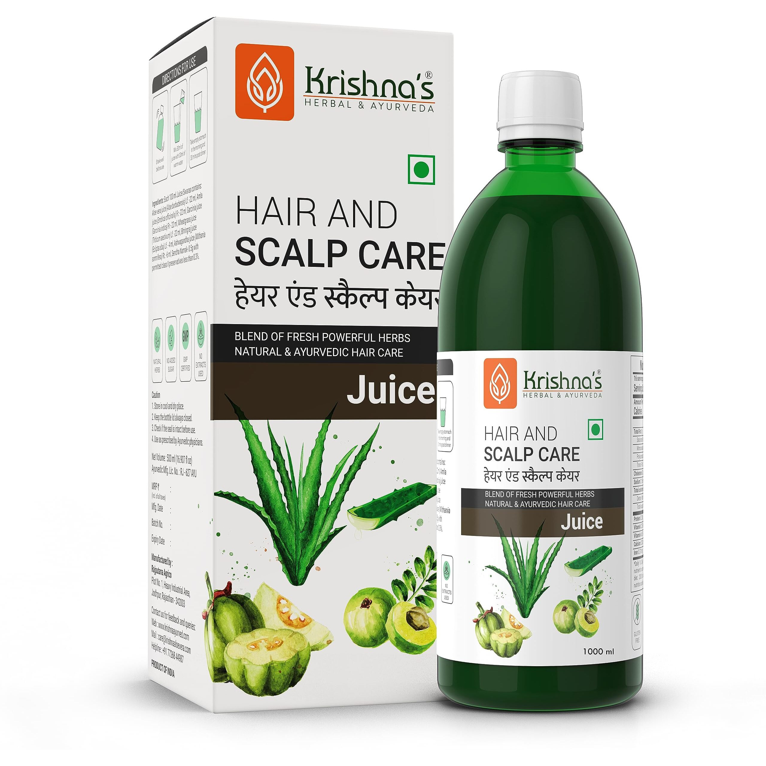 Krishna's Herbal & Ayurveda Hair & Scalp Care Juice 1000 Ml,Hair Care Juice For Hair Growth & Hair Fall Control,Blend Of 7+ Ayurvedic Herbs,No Artificial Colors,Flavours & Sugars,Use 60 Days