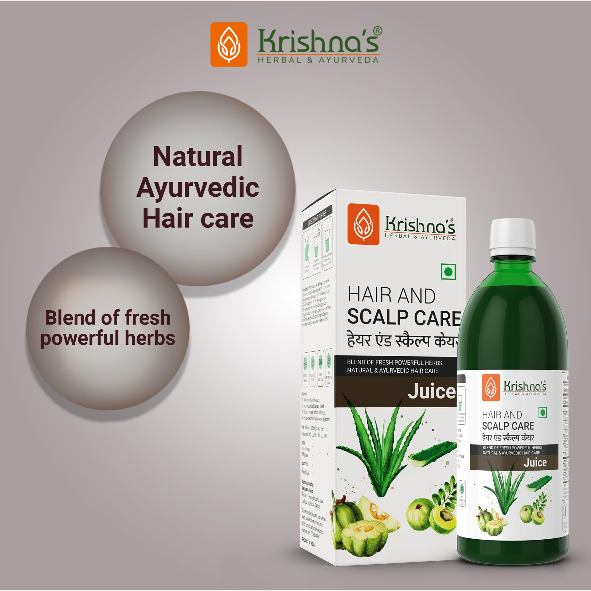 Krishna's Herbal & Ayurveda Hair & Scalp Care Juice 1000 Ml,Hair Care Juice For Hair Growth & Hair Fall Control,Blend Of 7+ Ayurvedic Herbs,No Artificial Colors,Flavours & Sugars,Use 60 Days