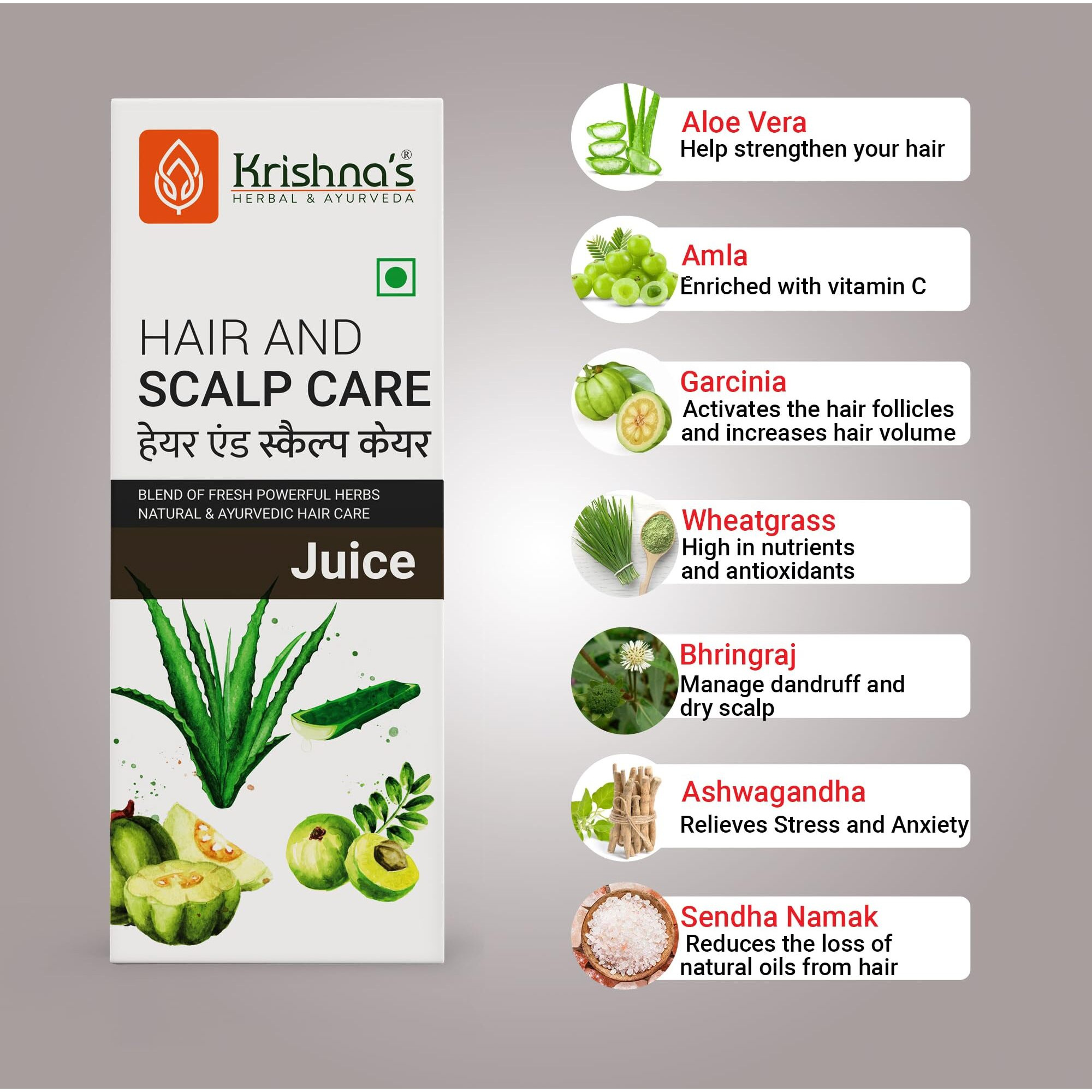 Krishna's Herbal & Ayurveda Hair & Scalp Care Juice 1000 Ml,Hair Care Juice For Hair Growth & Hair Fall Control,Blend Of 7+ Ayurvedic Herbs,No Artificial Colors,Flavours & Sugars,Use 60 Days