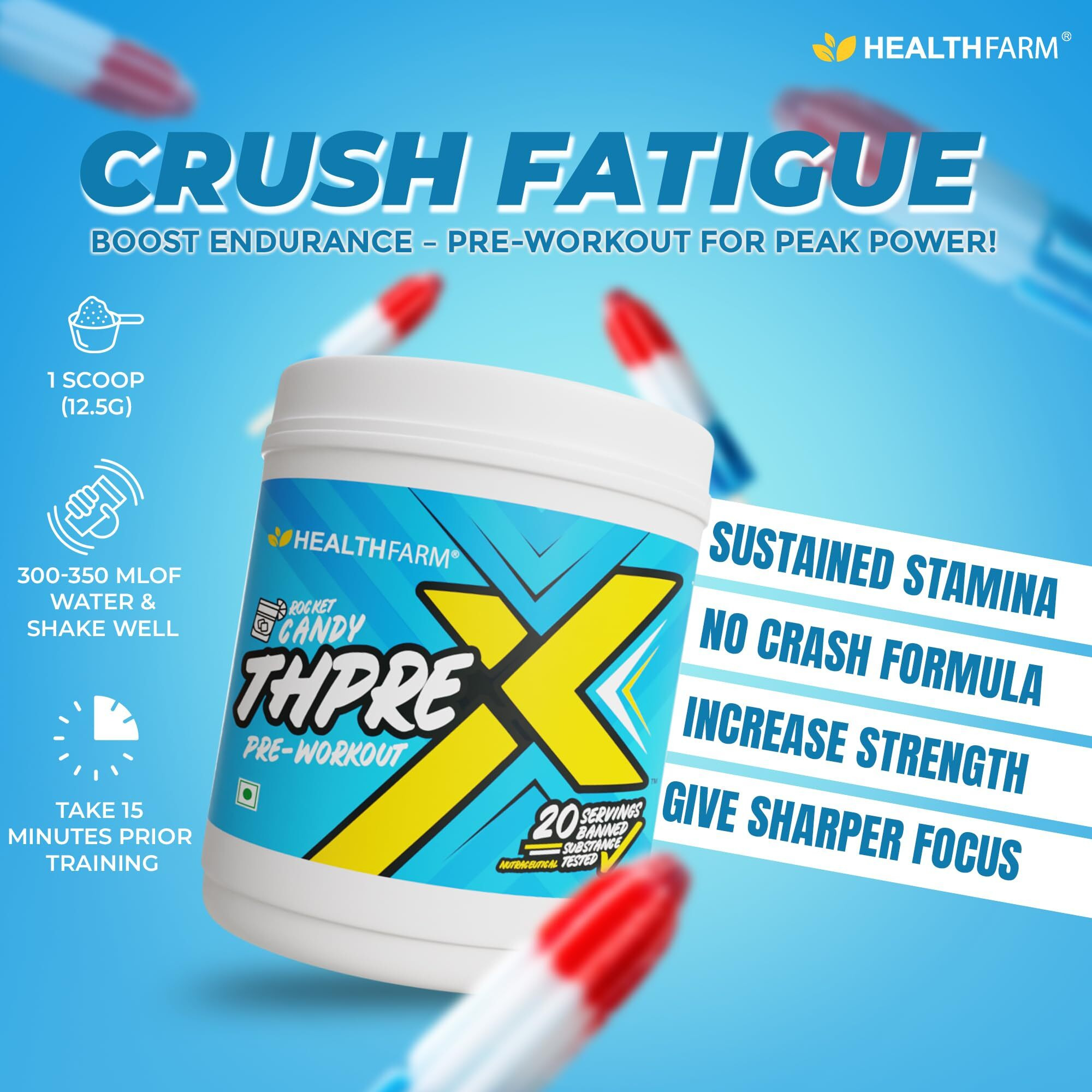 Healthfarm Thpre X Pre Workout Powder|Sports Nutrition Supplement For Men & Women - For Working Out,Hydration,Mental Focus & Energy - 20 Servings (250 G,Rocket Candy),1 Count