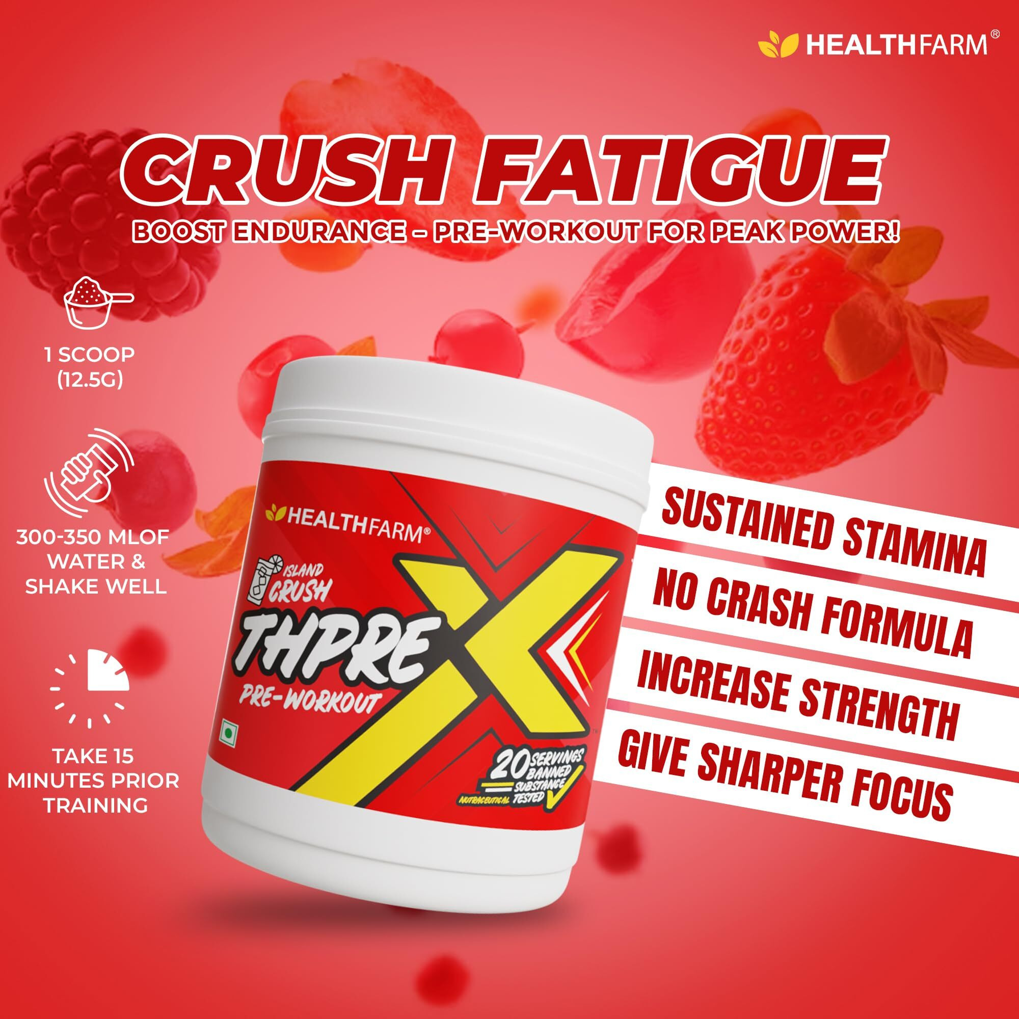 Healthfarm Thpre X Pre Workout Powder|Sports Nutrition Supplement For Men & Women - For Working Out,Hydration,Mental Focus & Energy - 20 Servings (250 G,Island Crush),1 Count