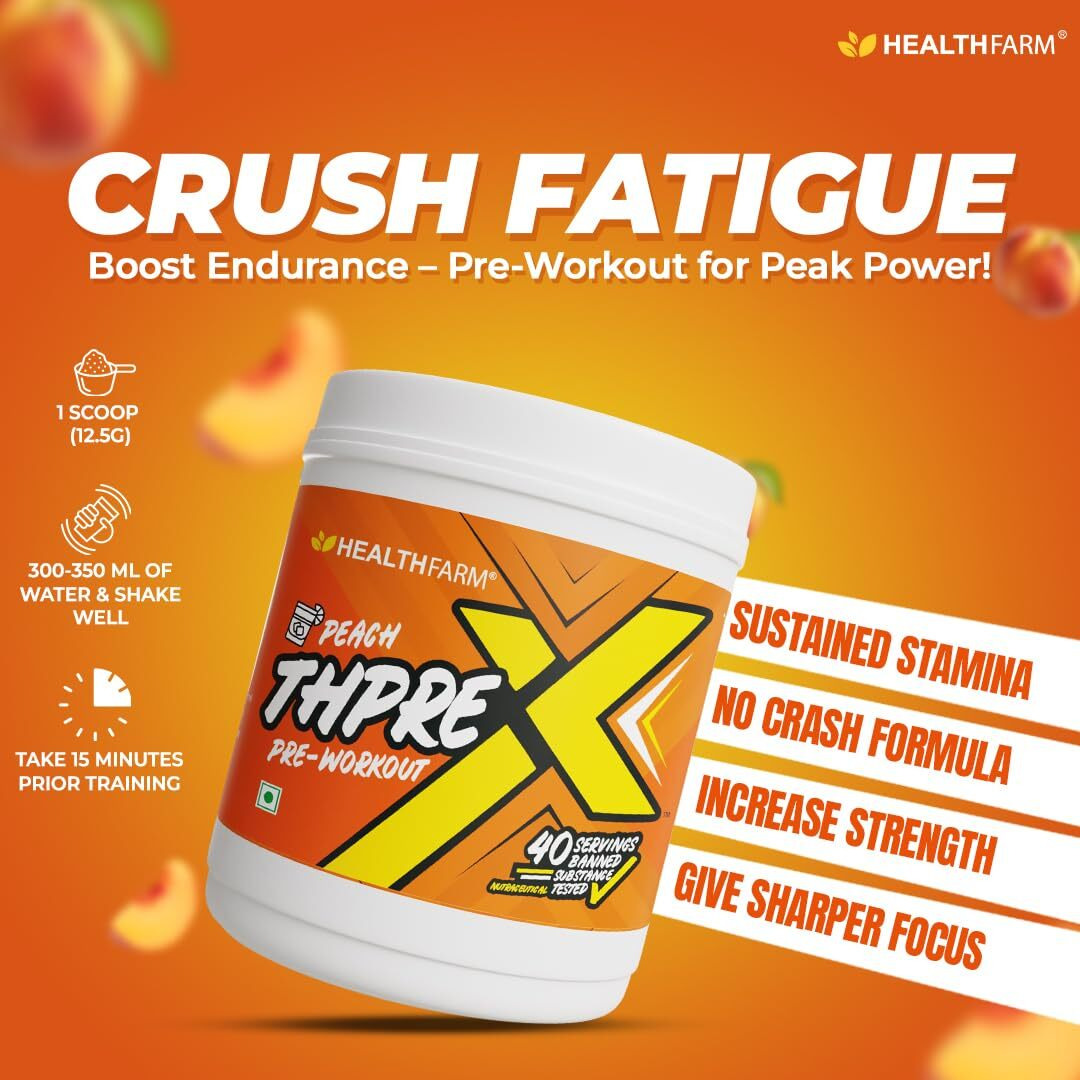 Healthfarm Thpre X Pre Workout Powder| Sports Nutrition Supplement For Men & Women - For Working Out, Hydration, Mental Focus & Energy - 40 Servings (40 Servings (Pack Of 1), Peach)