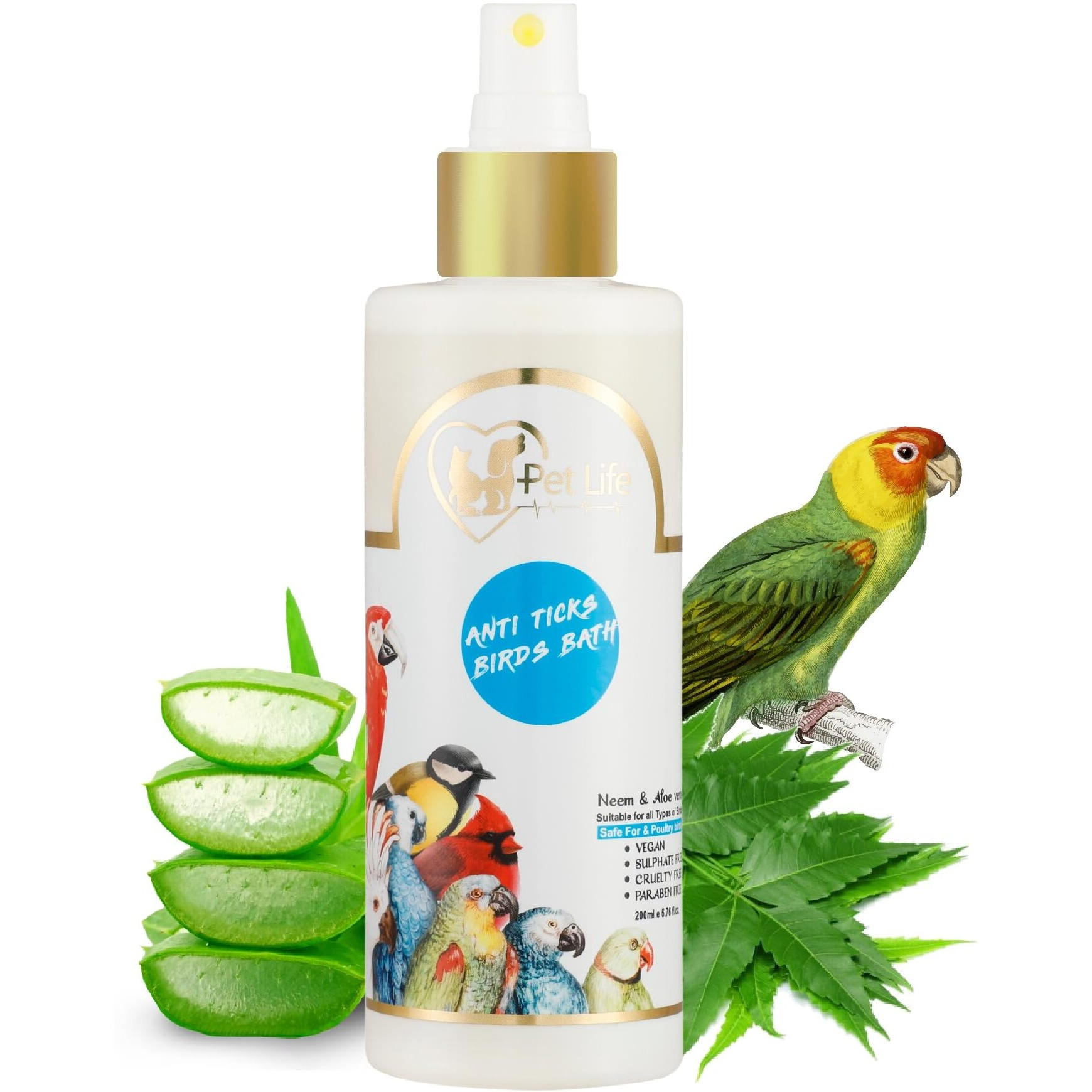 Petlife Organic & Ayurvedic Anti Ticks Birds Bath Dry/Waterless/Spray For Poultry Birds, Parrots, Chick, Hen, Pigeon, Duck -Natural Ingredients For Fleas, Cleaner & Shinier Coat-All Bird Types-200 Ml
