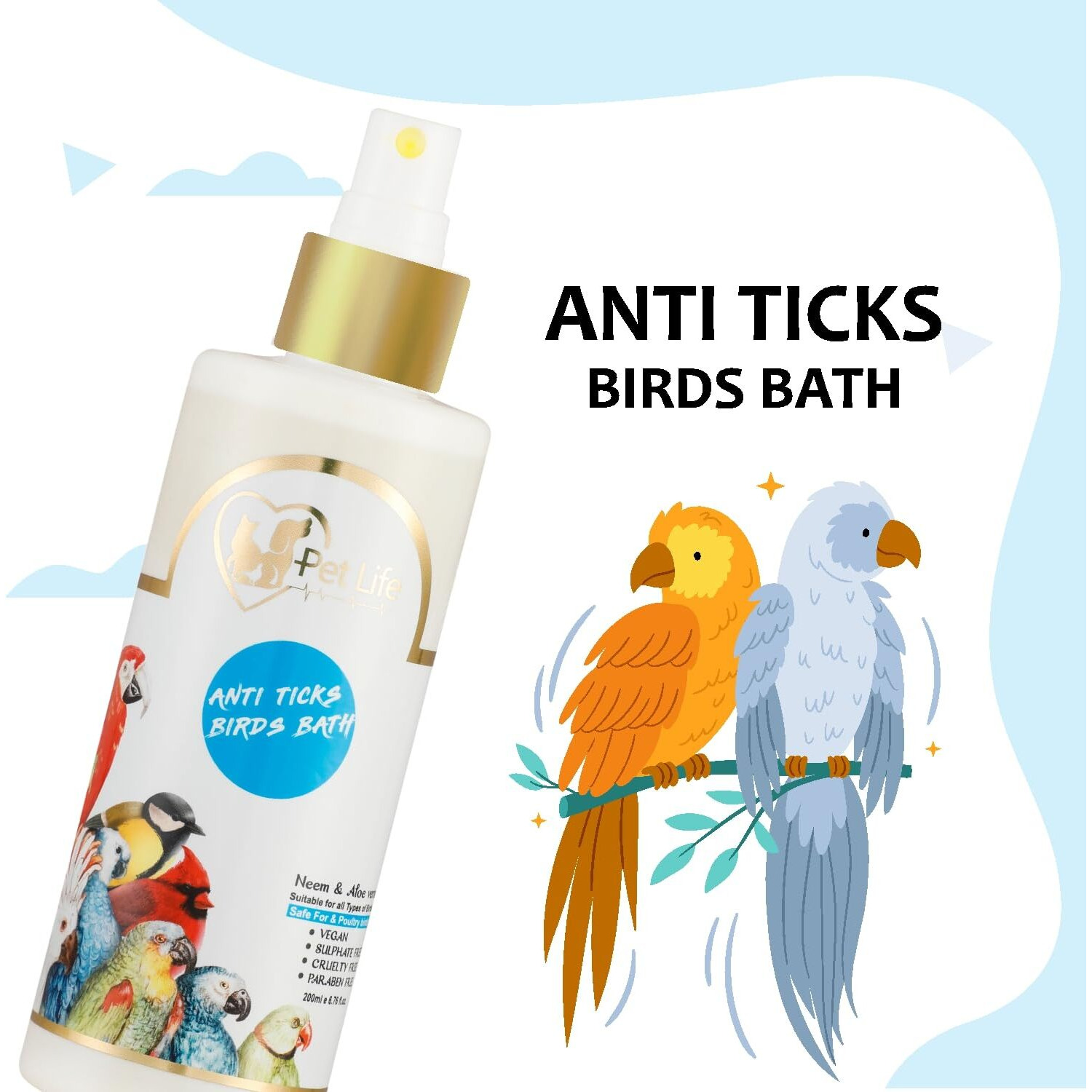 Petlife Organic & Ayurvedic Anti Ticks Birds Bath Dry/Waterless/Spray For Poultry Birds, Parrots, Chick, Hen, Pigeon, Duck -Natural Ingredients For Fleas, Cleaner & Shinier Coat-All Bird Types-200 Ml