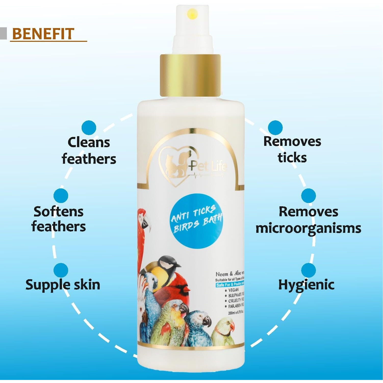 Petlife Organic & Ayurvedic Anti Ticks Birds Bath Dry/Waterless/Spray For Poultry Birds, Parrots, Chick, Hen, Pigeon, Duck -Natural Ingredients For Fleas, Cleaner & Shinier Coat-All Bird Types-200 Ml