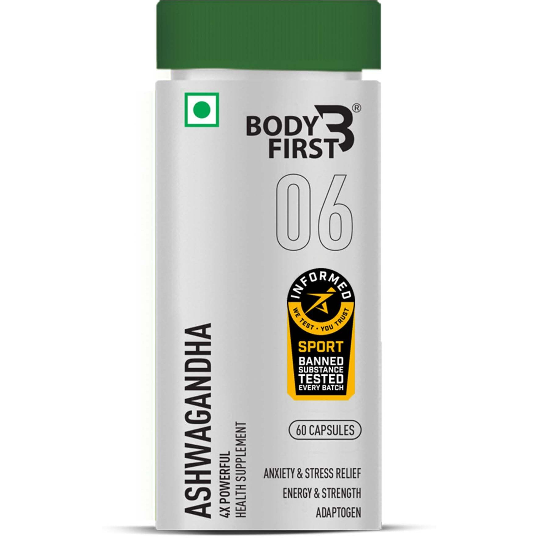 Body First Ksm-66 Ashwagandha 500Mg Capsule, Informed Sports Certified, Energy And Immunity Booster, Muscle Strength & Recovery, 60 Veg Capsules