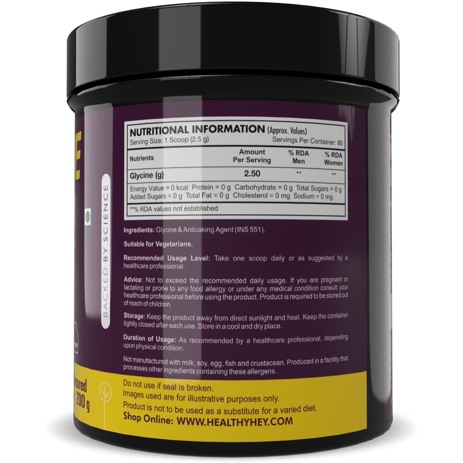 Healthyhey Sports Glycine Powder - Amino Acid Supplement - Support Muscle Health - 200 Gram - 80 Servings